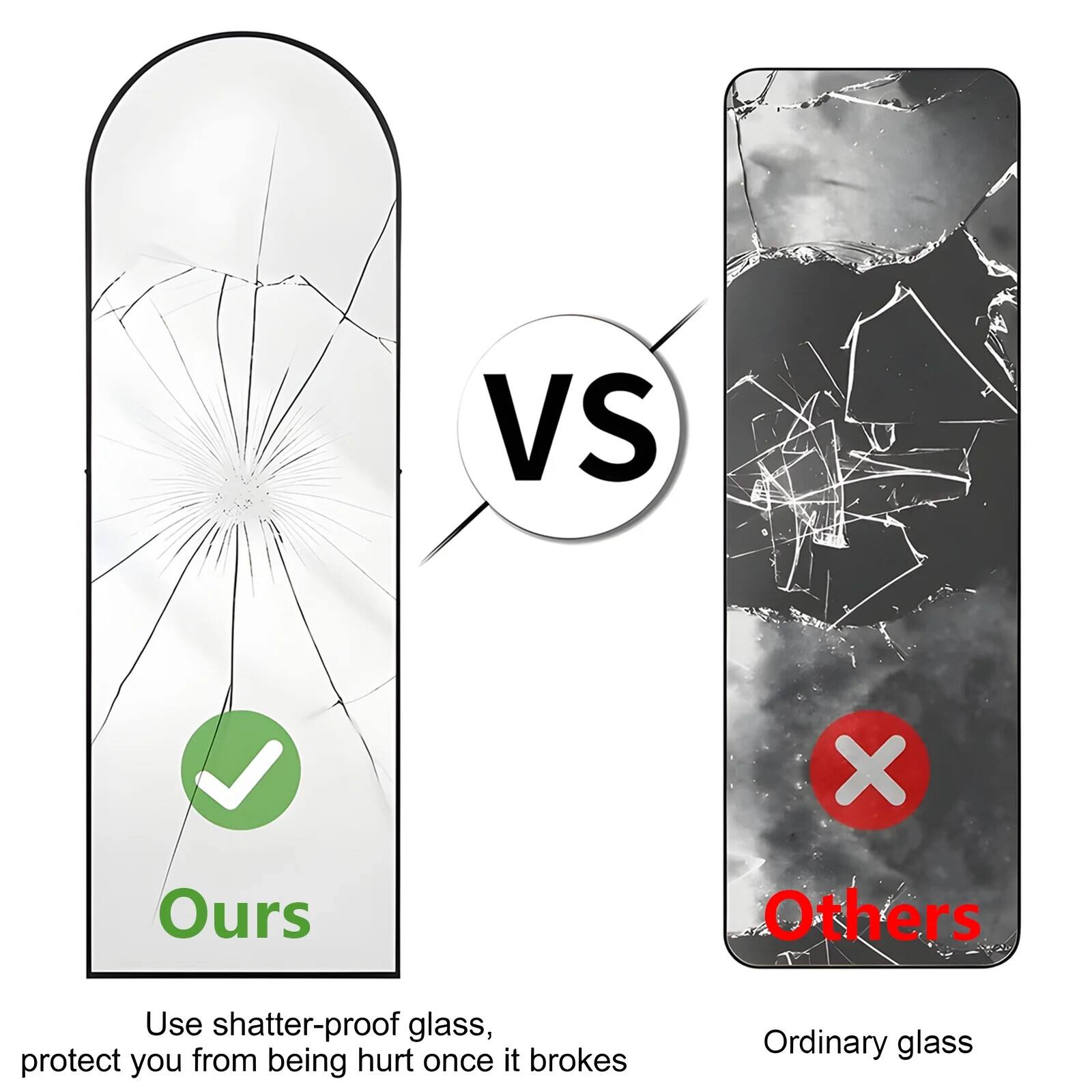 **Ours**  
Use shatter-proof glass, protect you from being hurt once it broke

**VS**

**Others**  
Ordinary glass