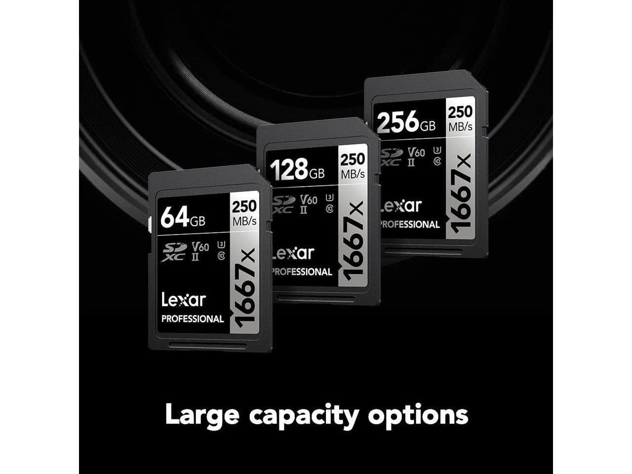 250 GB, 128 GB, 64 GB, 256 GB  
250 MB/s, 250 MB/s, 250 MB/s, 250 MB/s  
XC II, XC II, XC II, XC II  
V60, V60, V60, V60  
1667x, 1667x, 1667x, 1667x  
Lexar PROFESSIONAL, Lexar PROFESSIONAL, Lexar PROFESSIONAL, Lexar PROFESSIONAL  
Large capacity options
