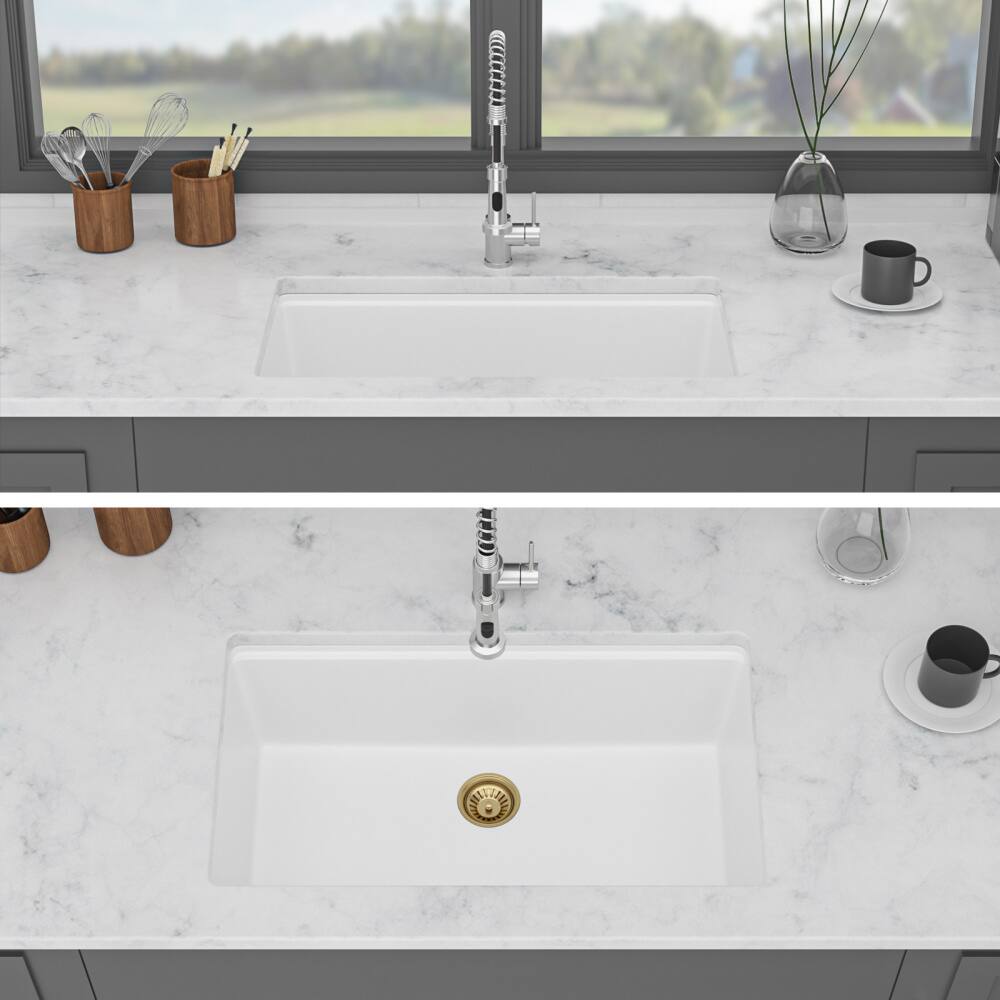 Back. JUJABU - Quartz White Kitchen Sink - 30" x 19" x 9.65" Undermount Single Bowl - White.