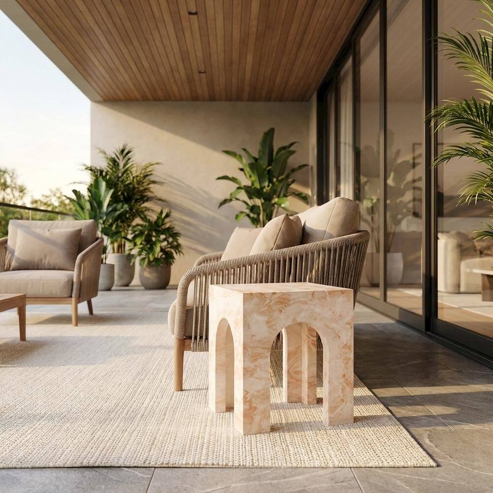 Angle. Outdoor Escape - Outdoor patio arched concrete side table, sturdy design, for various spaces - Yellow.