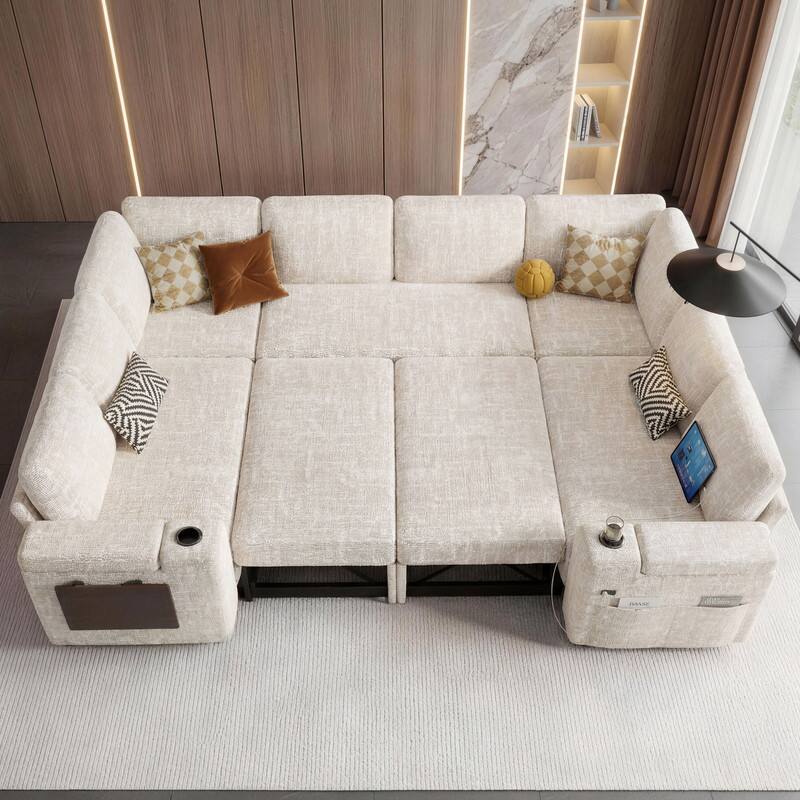 Angle. Dyonery - 112" Modular Sectional Sofa, U Shaped 8-Seater Sleeper Sofa with Pull Out Bed &Hidden Storage, Cup Holders & USB. - Beige.