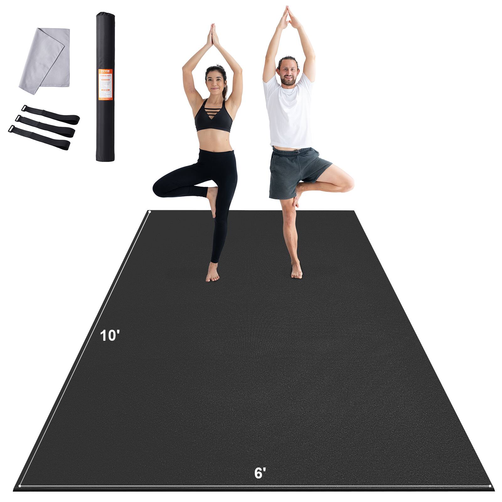 VEVOR - Exercise Mat, Non Slip High Density Premium Yoga Mat, Fitness & Exercise Mat with Bag & Carry Strap,(10x6ft) - Black