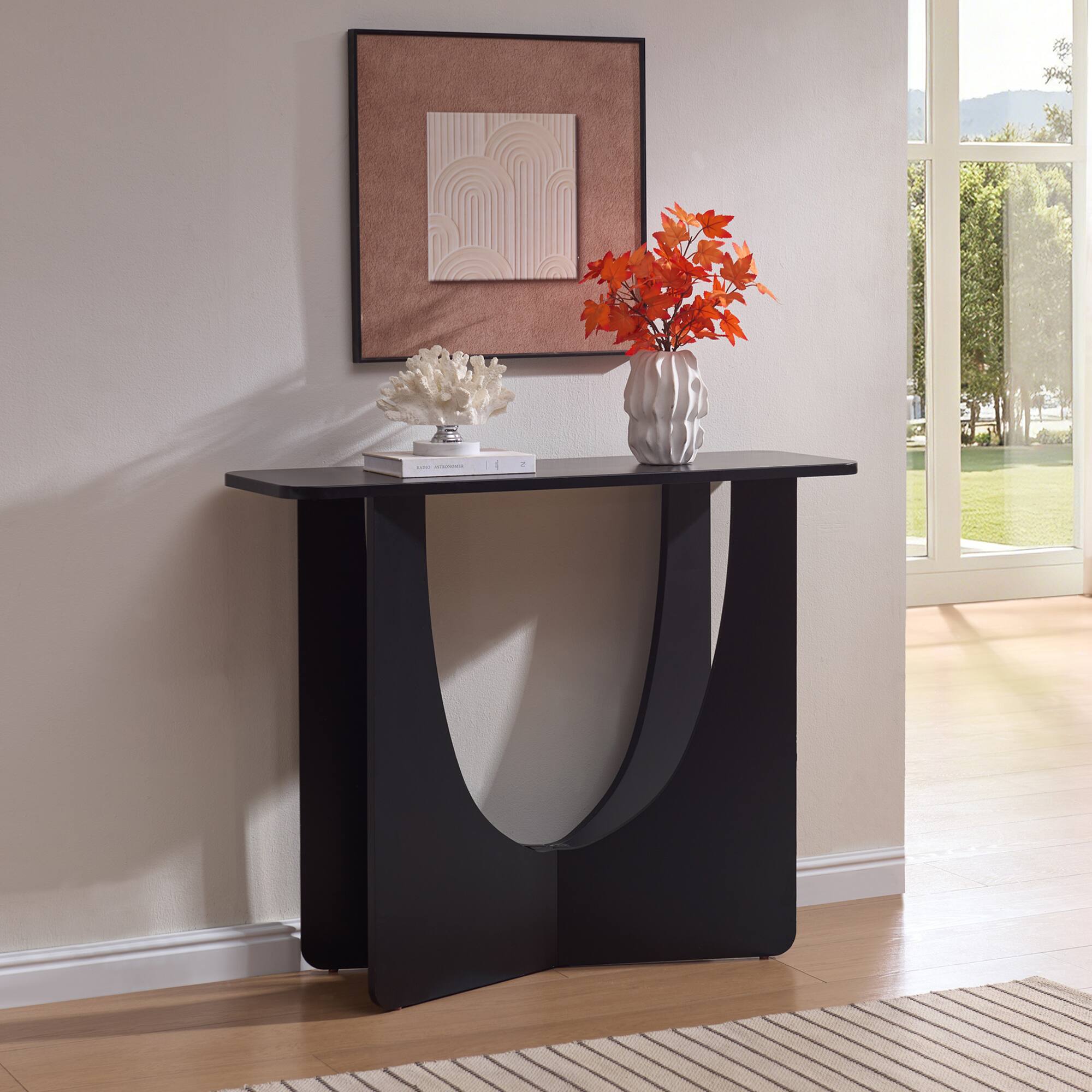 Front. Kings Brand Furniture - Kings Brand Furniture Modern Sculptural Wood Console Table with Curved U-Base - Black.