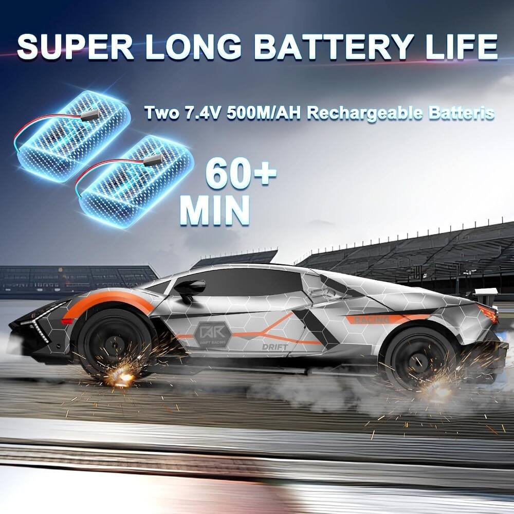 SUPER LONG BATTERY LIFE  
Two 7.4V 500M/AH Rechargeable Batteries  
60+ MIN  
R - aA DRIFT RACING