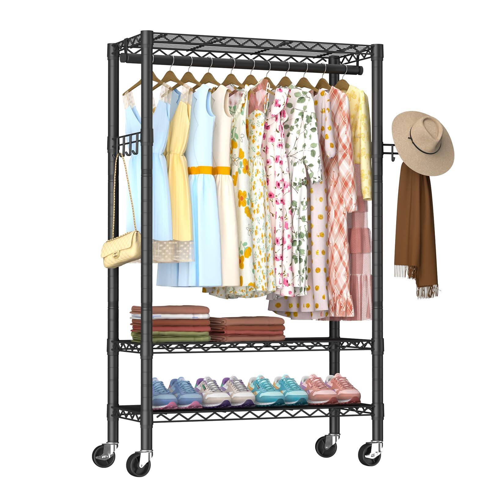 Front. Refined Abode Design - Heavy Duty Clothes Rack Rolling Garment Adjustable Wire Shelving Clothing Racks For Hanging With Double Rod... - Black,Plus-Single Rod 15.75"D x 31.5"W x 78.75"H.