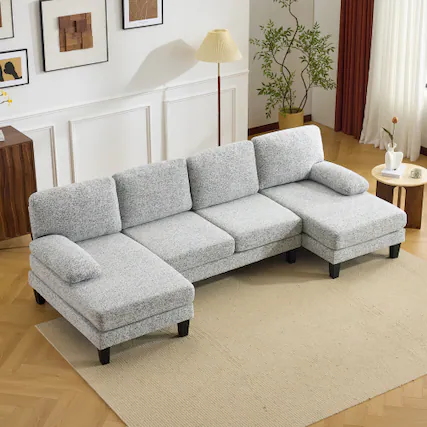Front. Winado - 112" Sectional Couches Chenille Upholstery U-Shape 4 Seat Sofa Set with Double Chaises & Wood Grain Legs for Living Room - Gray.