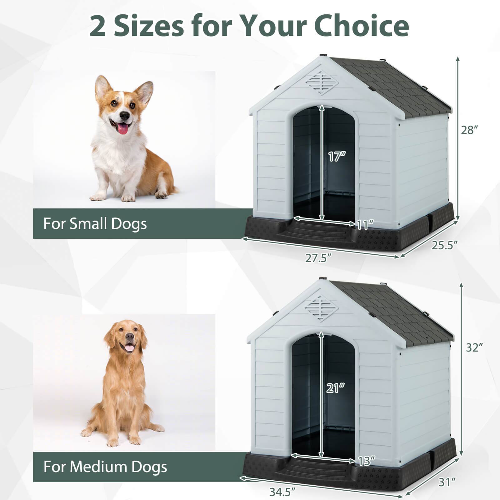 2 Sizes for Your Choice

For Small Dogs
- 28" (height)
- 17" (width)
- 11" (depth)
- 27.5" (length)
- 25.5" (width)

For Medium Dogs
- 32" (height)
- 21" (width)
- 13" (depth)
- 34.5" (length)
- 31" (width)