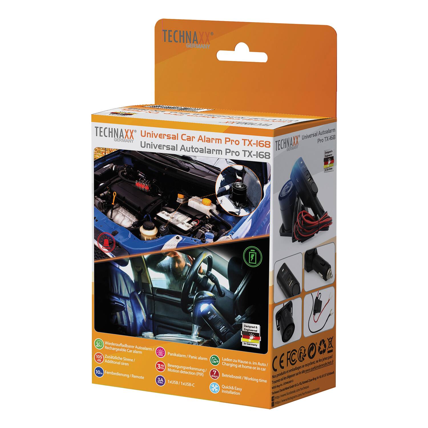 TECHNAXX GERMANY  
Universal Car Alarm Pro TX-168  
Universal Autoalarm Pro TX-168  

- Rechargeable Car Alarm  
- Additional Siren  
- Panic Alarm  
- Motion Detection (PIR)  
- Remote Control  
- Working Time: 4-6 Months  
- Quick & Easy Installation  

Designed & Engineered in Germany