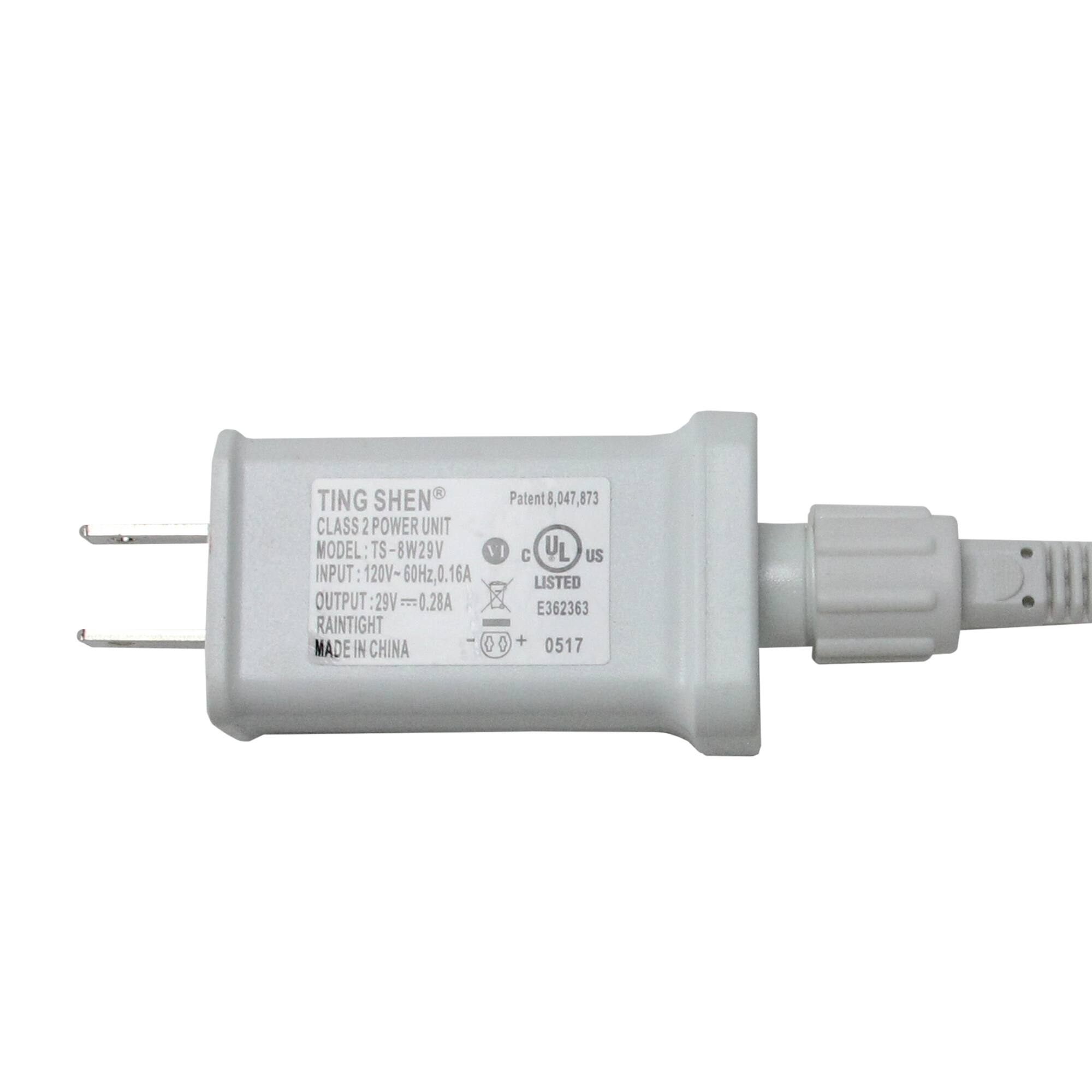 TING SHEN®  
CLASS 2 POWER UNIT  
Patent 8,047,873  

MODEL: TS-8W29V  
INPUT: 120V-60Hz, 0.16A  
OUTPUT: 29V, 0.28A  
RAINTIGHT  
MADE IN CHINA  

UL LISTED  
E362363  
0517  

C  
UL  
US