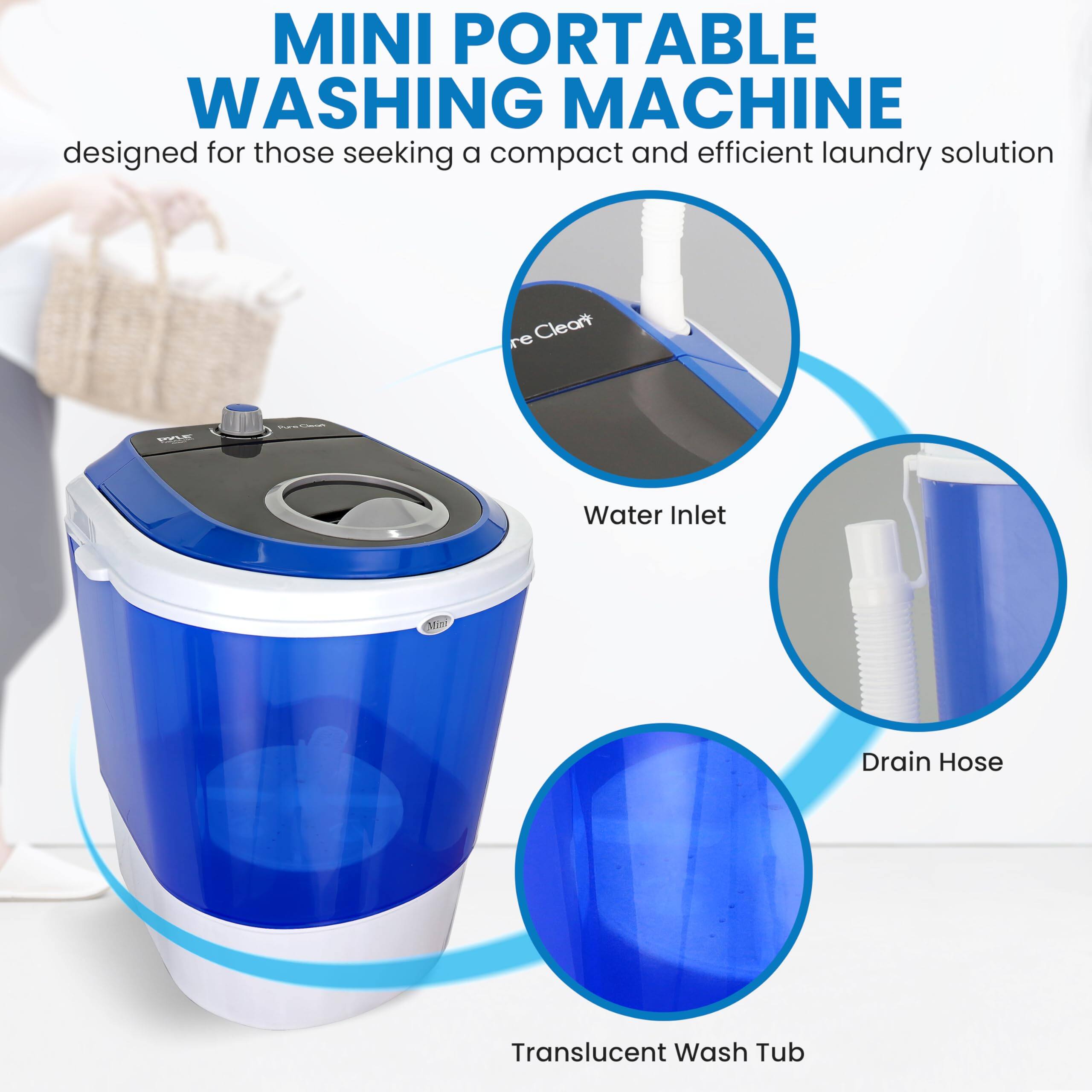 MINI PORTABLE WASHING MACHINE  
designed for those seeking a compact and efficient laundry solution  

- Water Inlet  
- Drain Hose  
- Translucent Wash Tub
