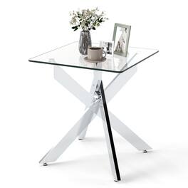 Gymax - Glass Side Table Square End Table w/Tempered Glass Top & Metal X Base - Silver