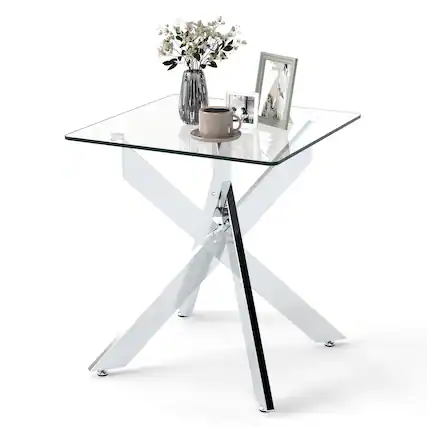 Front. Gymax - Gymax Glass Side Table Square End Table w/Tempered Glass Top & Metal X Base Silver - Silver.