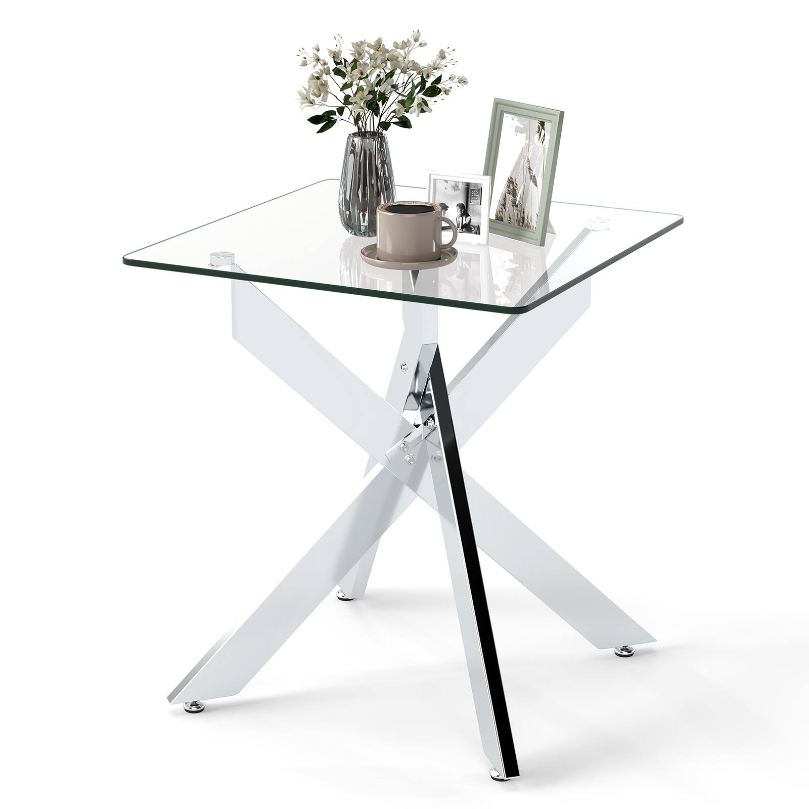 Front. Gymax - Gymax Glass Side Table Square End Table w/Tempered Glass Top & Metal X Base Silver - Silver.