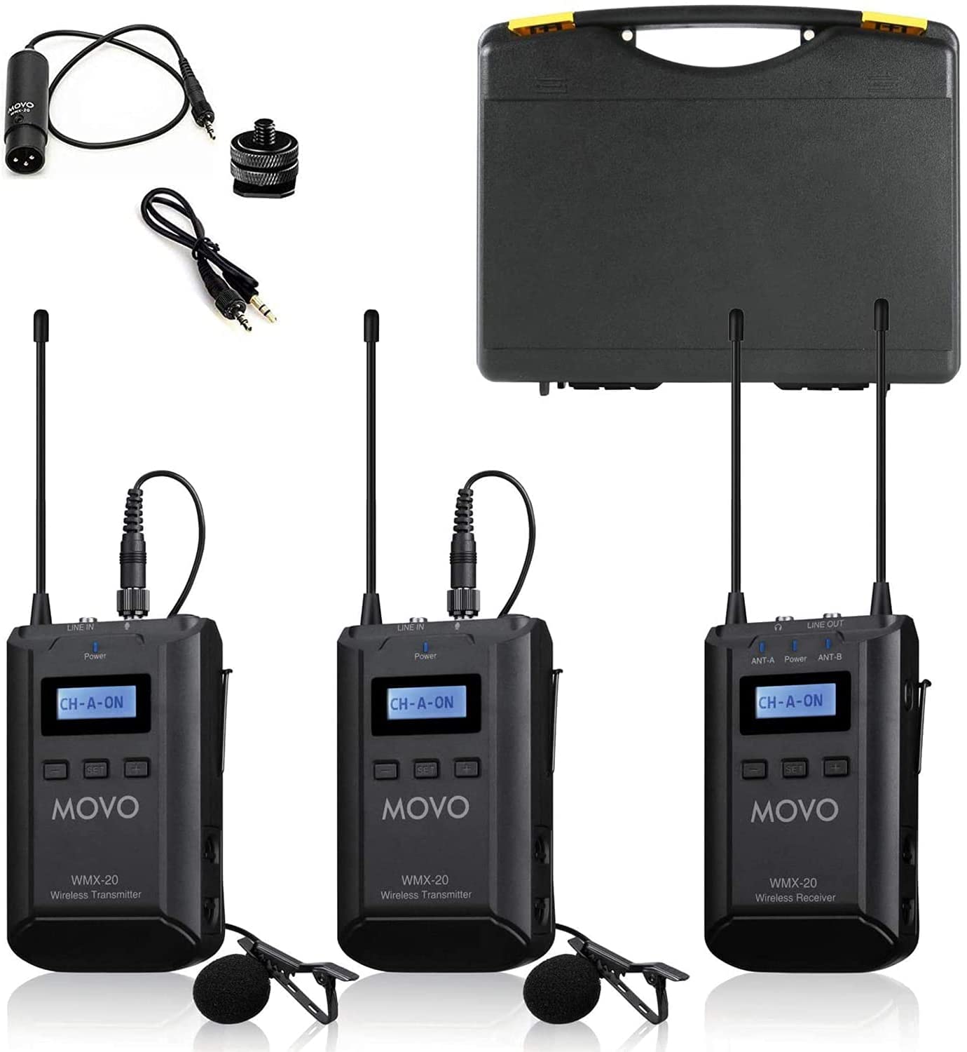 MOVO WMX-20 Wireless Transmitter  
MOVO WMX-20 Wireless Transmitter  
MOVO WMX-20 Wireless Receiver  

LINE IN  
POWER  
ANT-A  
CH-A-ON  

LINE IN  
POWER  
ANT-B  
CH-A-ON  

LINE OUT  
POWER  
ANT-A  
CH-A-ON  

MOVO Power Adapter  
MOVO 3.5mm to 6.35mm Adapter