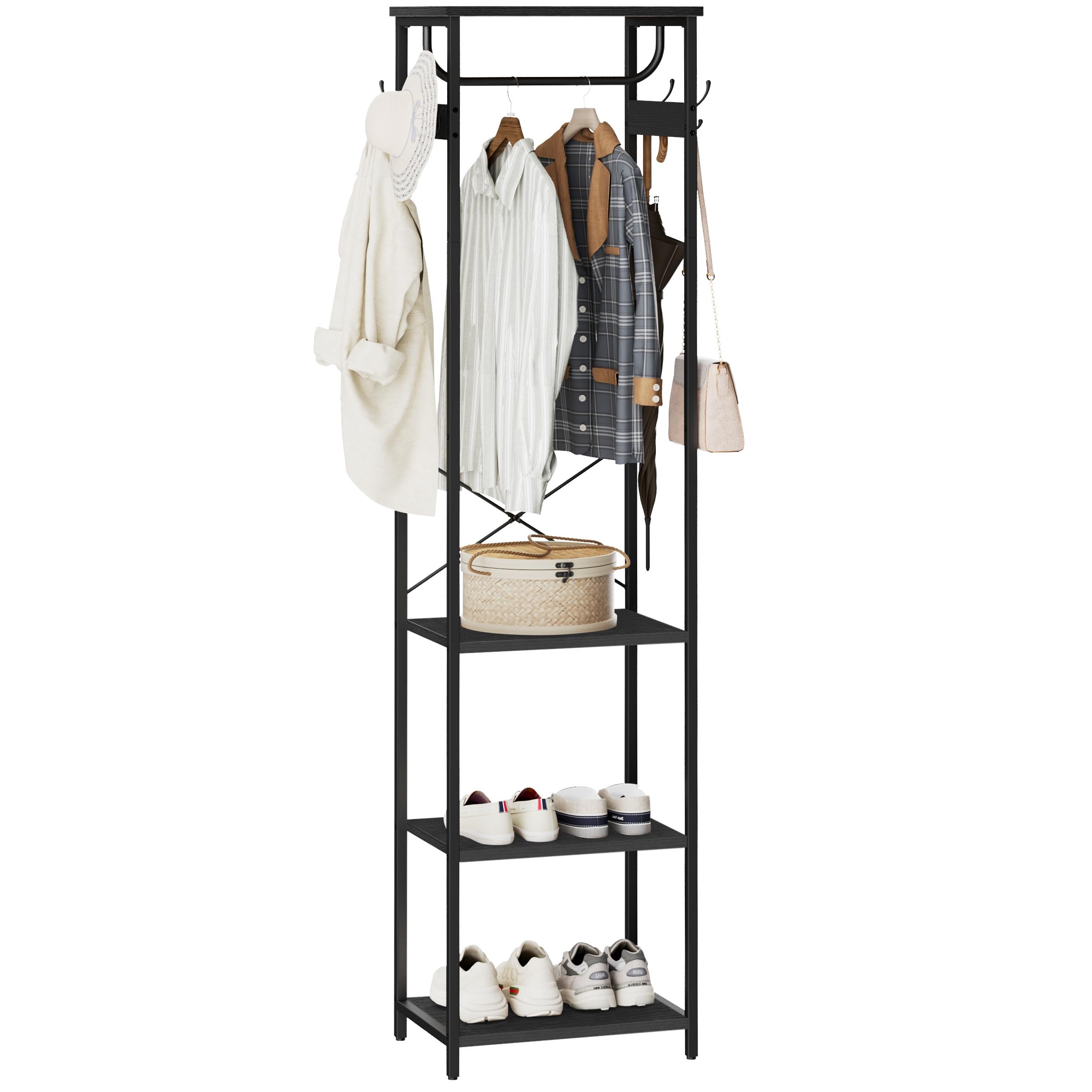 Black 3 Shelves + Flat Top + 1 Hanging Rod