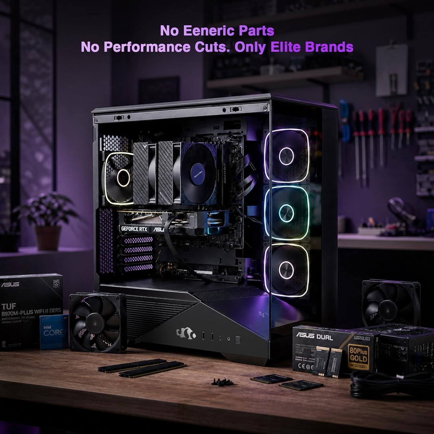No Generic Parts  
No Performance Cuts.  
Only Elite Brands  

GLFORCE RTX  
ASUS TUF WIFI II DERS 8970M-PLUS  
Intel CORE II  
ASUS DUAL CEBE E  
80Plus GOLD