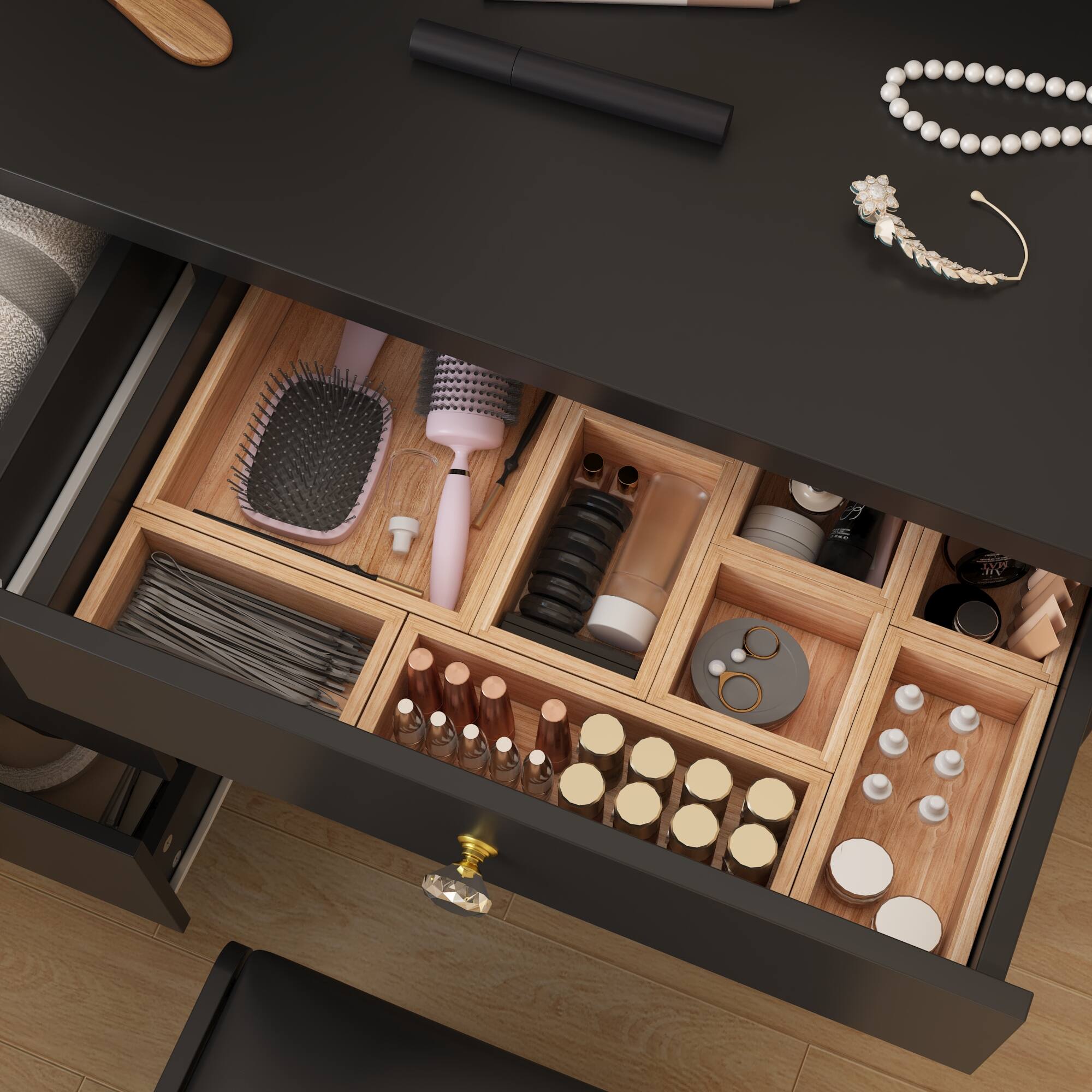 Alt View 5. Famapy - Multi-Color LED Vanity Table Set Ultimate Makeup Solution with Smart Storage Dressers - Black.