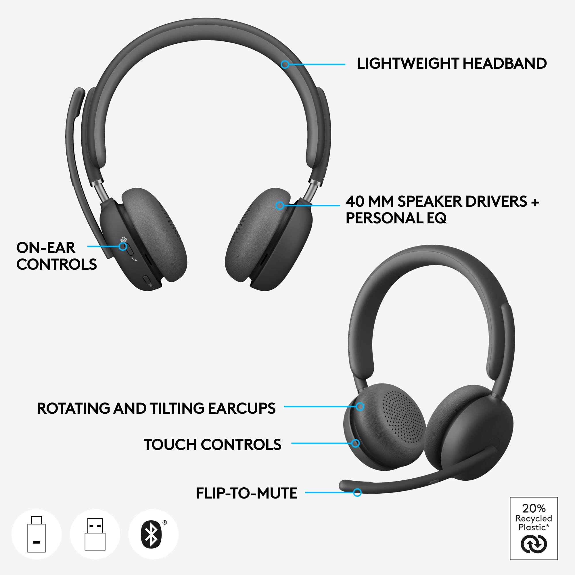 LIGHTWEIGHT HEADBAND  
40 MM SPEAKER DRIVERS + PERSONAL EQ  
ON-EAR CONTROLS  
ROTATING AND TILTING EAR CUPS  
TOUCH CONTROLS  
FLIP-TO-MUTE  

20% Recycled Plastic*