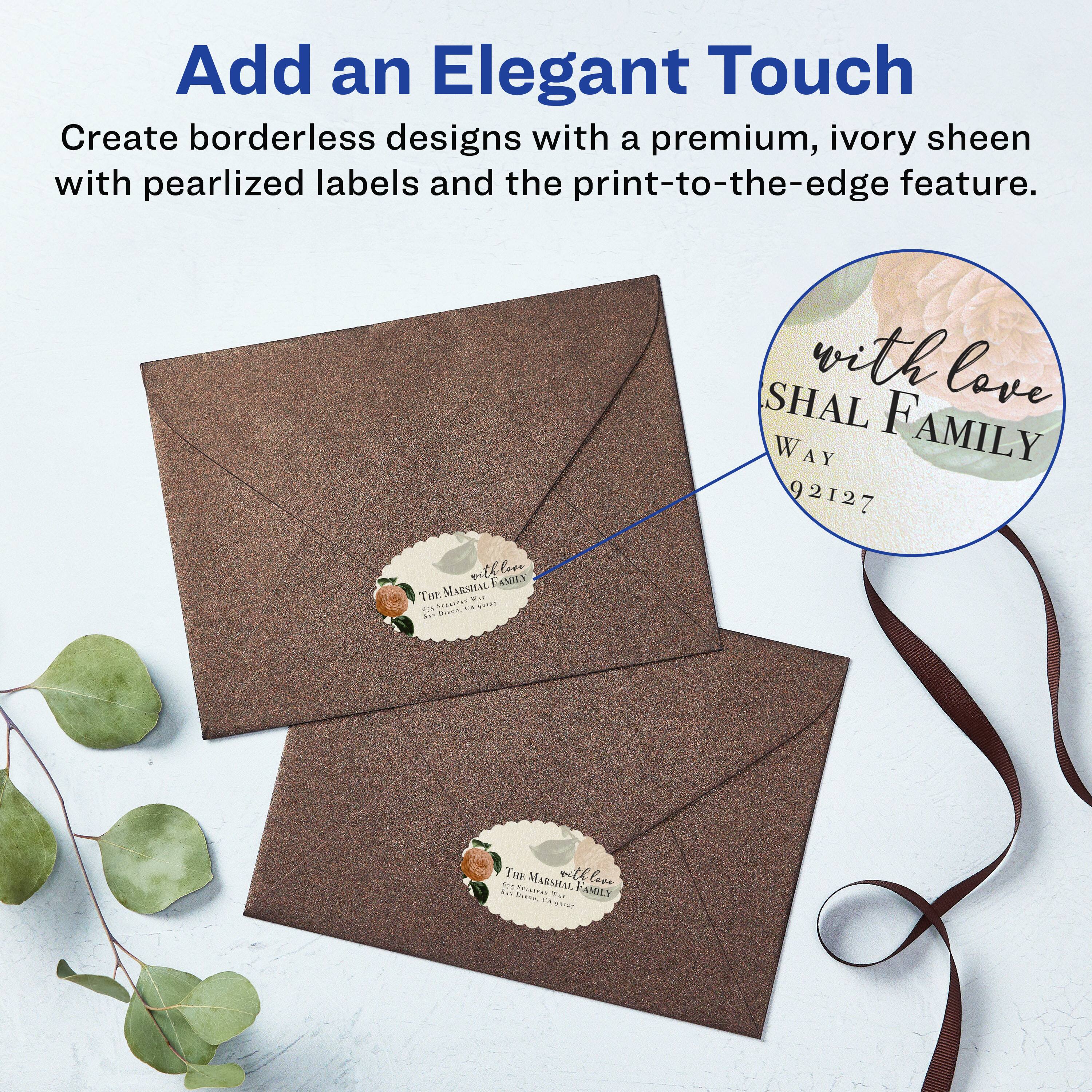 Add an Elegant Touch

Create borderless designs with a premium, ivory sheen with pearlized labels and the print-to-the-edge feature.

with love  
SHAL FAMILY  
WAY  
92127

THE MARSHAL FAMILY  
27301 CALLE CAMINO  
SANTA CLARITA, CA