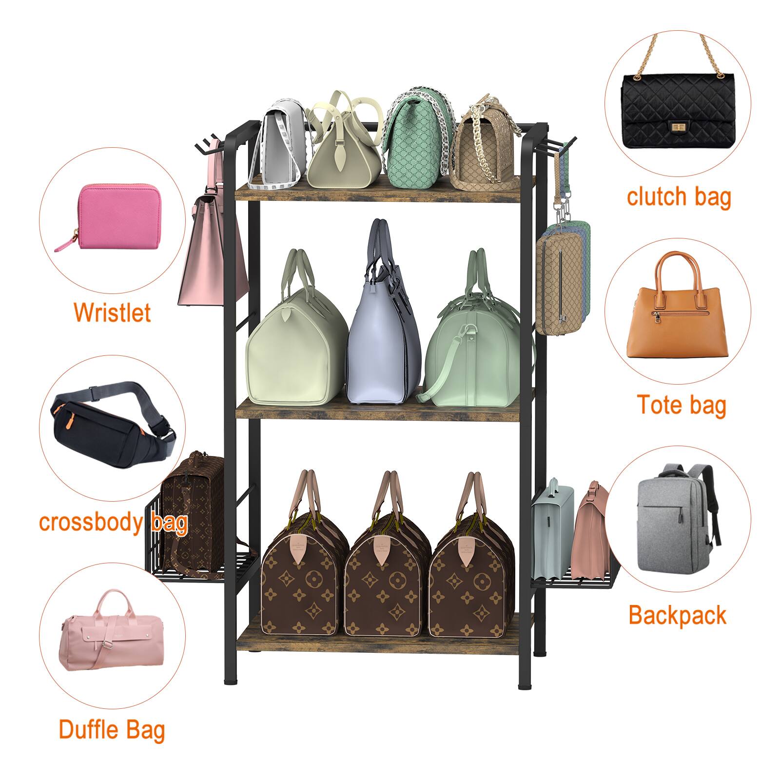 clutch bag  
Wristlet  
Tote bag  
crossbody bag  
Backpack  
Duffle Bag