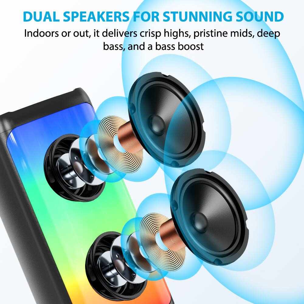 DUAL SPEAKERS FOR STUNNING SOUND

Indoors or out, it delivers crisp highs, pristine mids, deep bass, and a bass boost