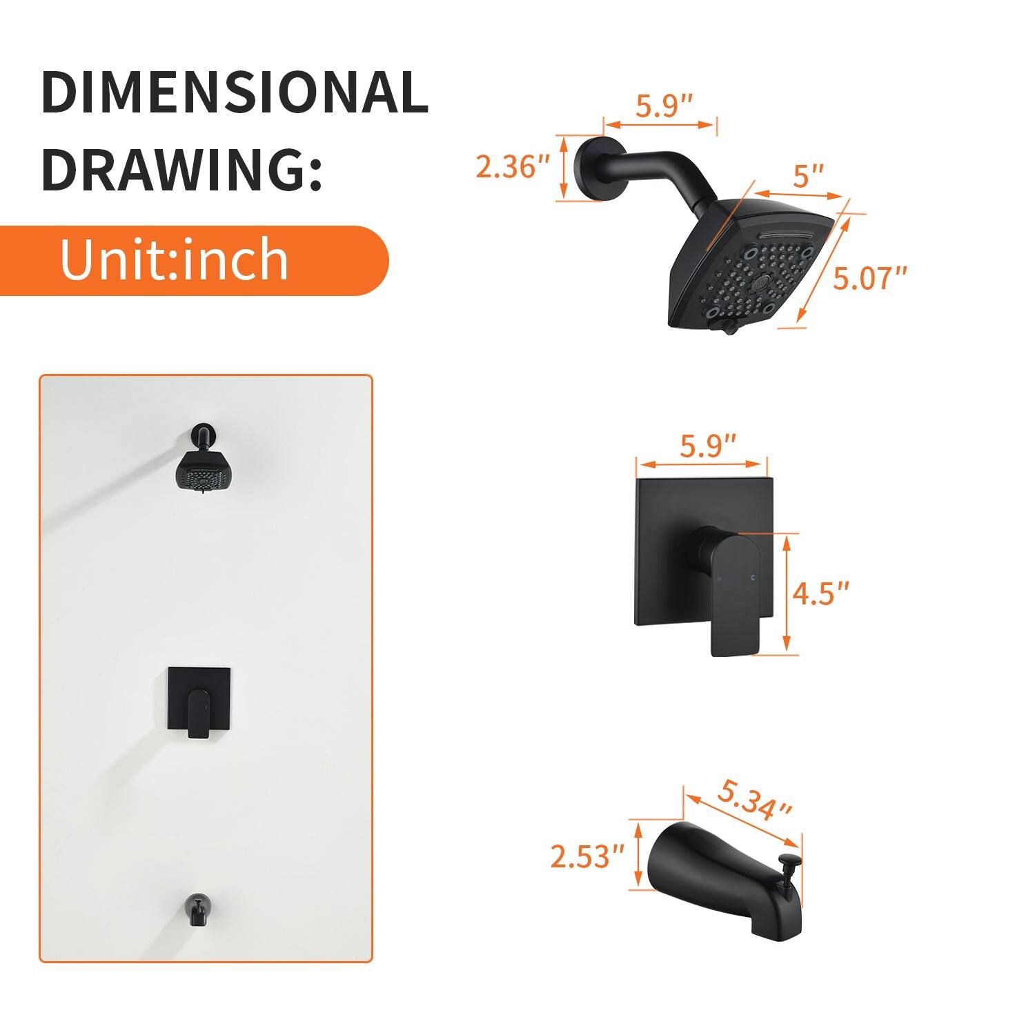 DIMENSIONAL DRAWING:  
Unit: inch  

- 2.36"  
- 5.9"  
- 5"  
- 5.07"  
- 5.9"  
- 4.5"  
- 2.53"  
- 5.34"