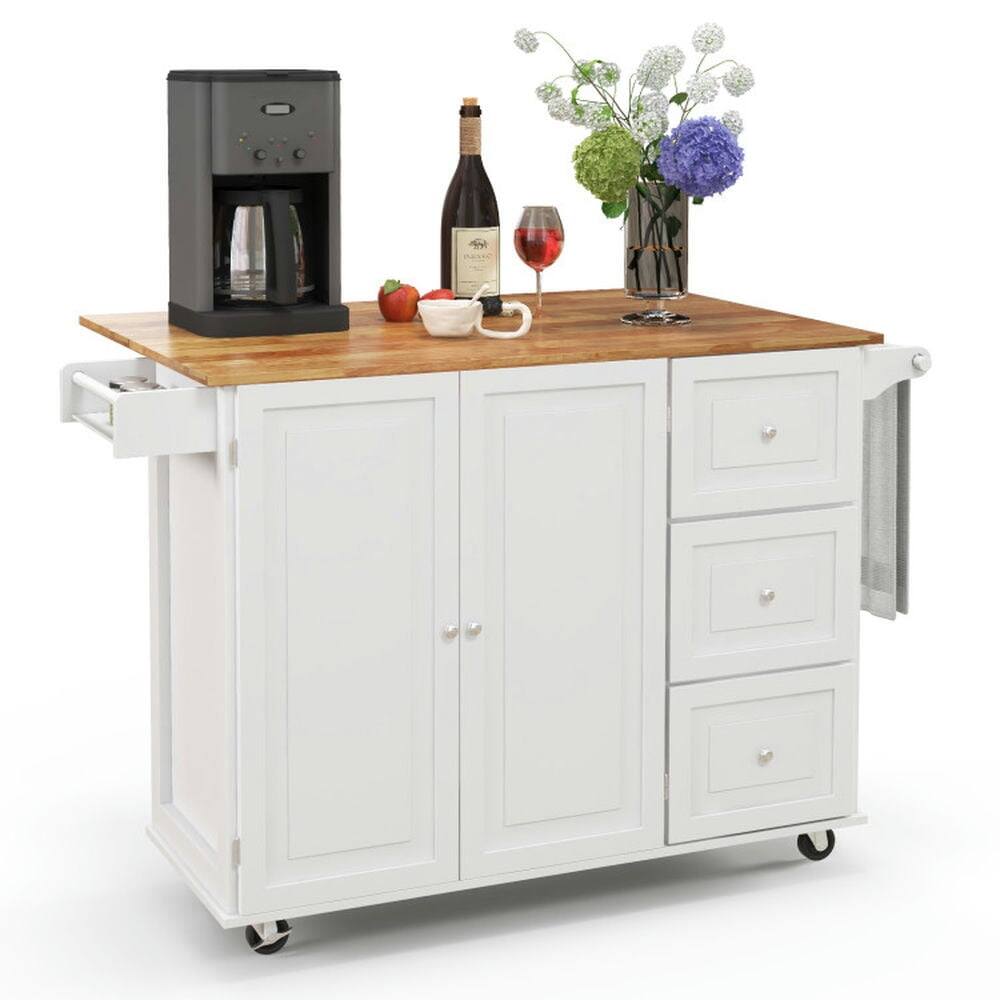 Angle. Kadyn - Kitchen Island Trolley Cart Wood with Drop-Leaf Tabletop and Storage Cabinet-White, Kitchen Island, Island Table - White.