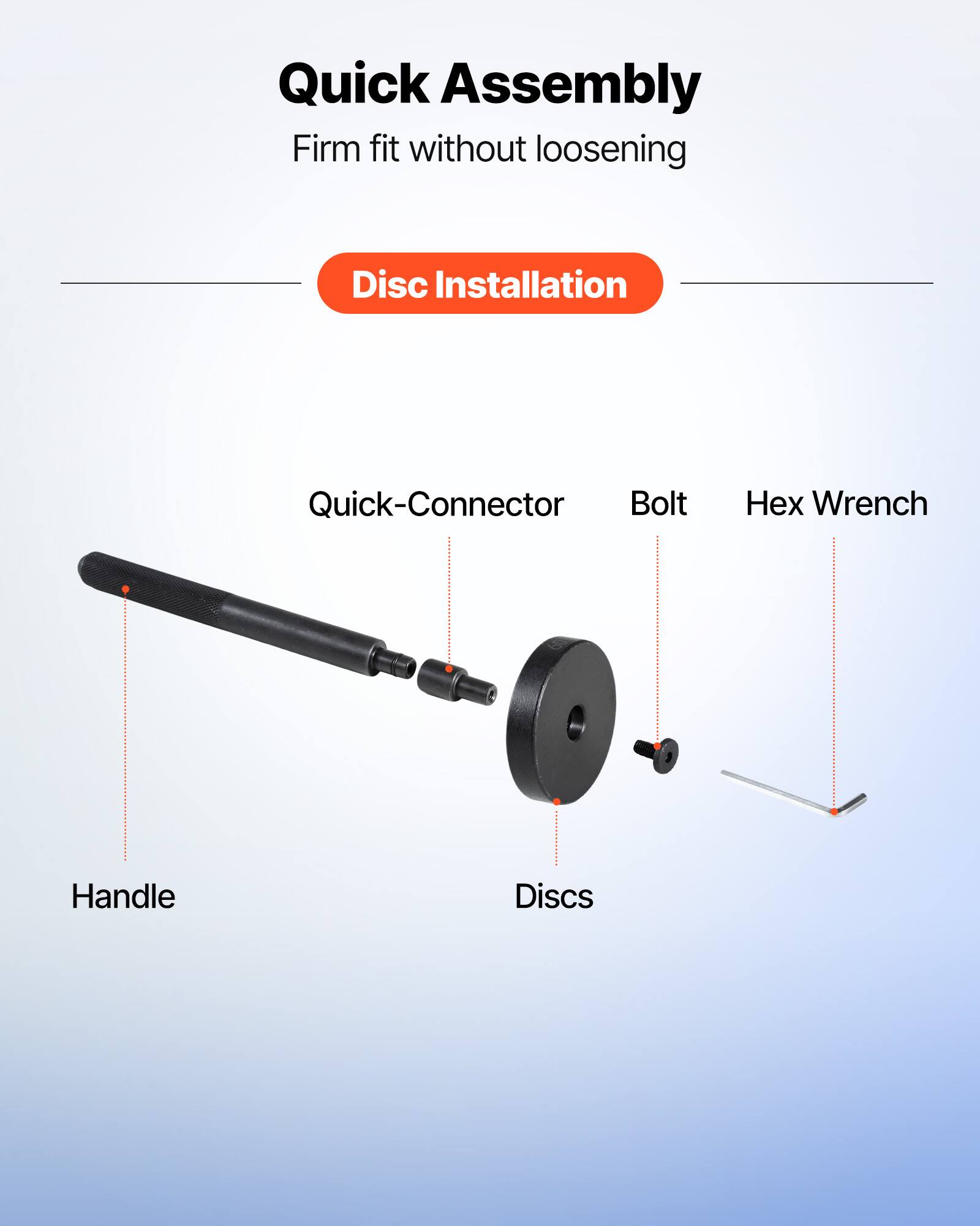 Quick Assembly  
Firm fit without loosening  

Disc Installation  

- Handle  
- Quick-Connector  
- Discs  
- Bolt  
- Hex Wrench