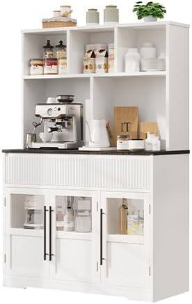 Alt View 3. Homhougo - 60" Kitchen Pantry Cabinet, Tall Pantry Storage Cabinet with Microwave Stand, Farmhouse Kitchen Hutch with Storage - ‎White.