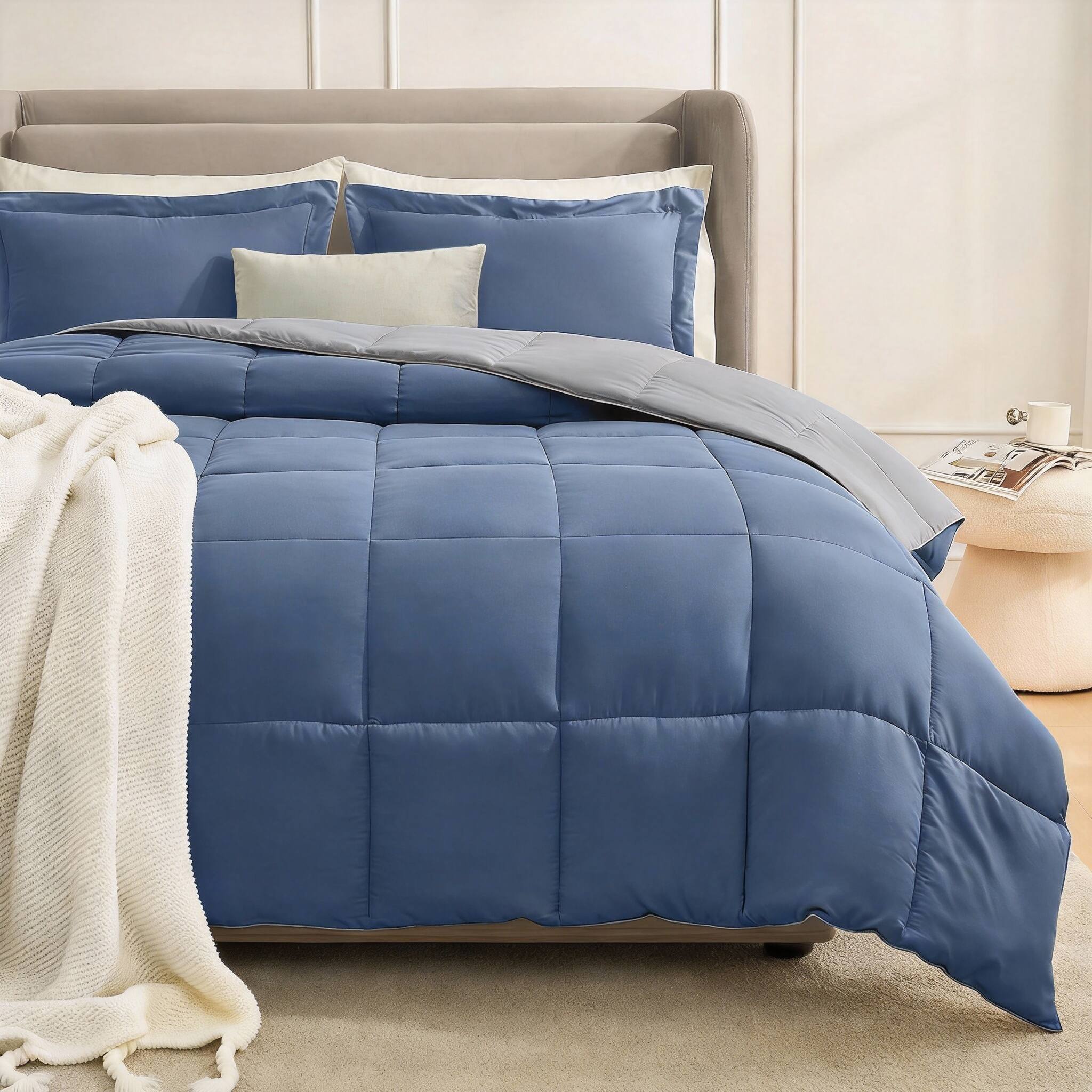 Front. OMOMMD - Comforter Set Size Bed Lightweight Reversible Down Alternative Comforters All Season Soft 2 Piece Sets With - Blue/Grey King.