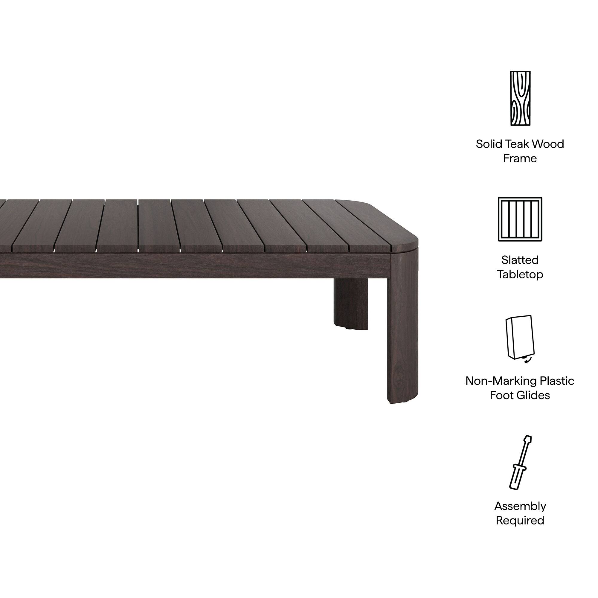 Solid Teak Wood Frame  
Slatted Tabletop  
Non-Marking Plastic Foot Glides  
Assembly Required