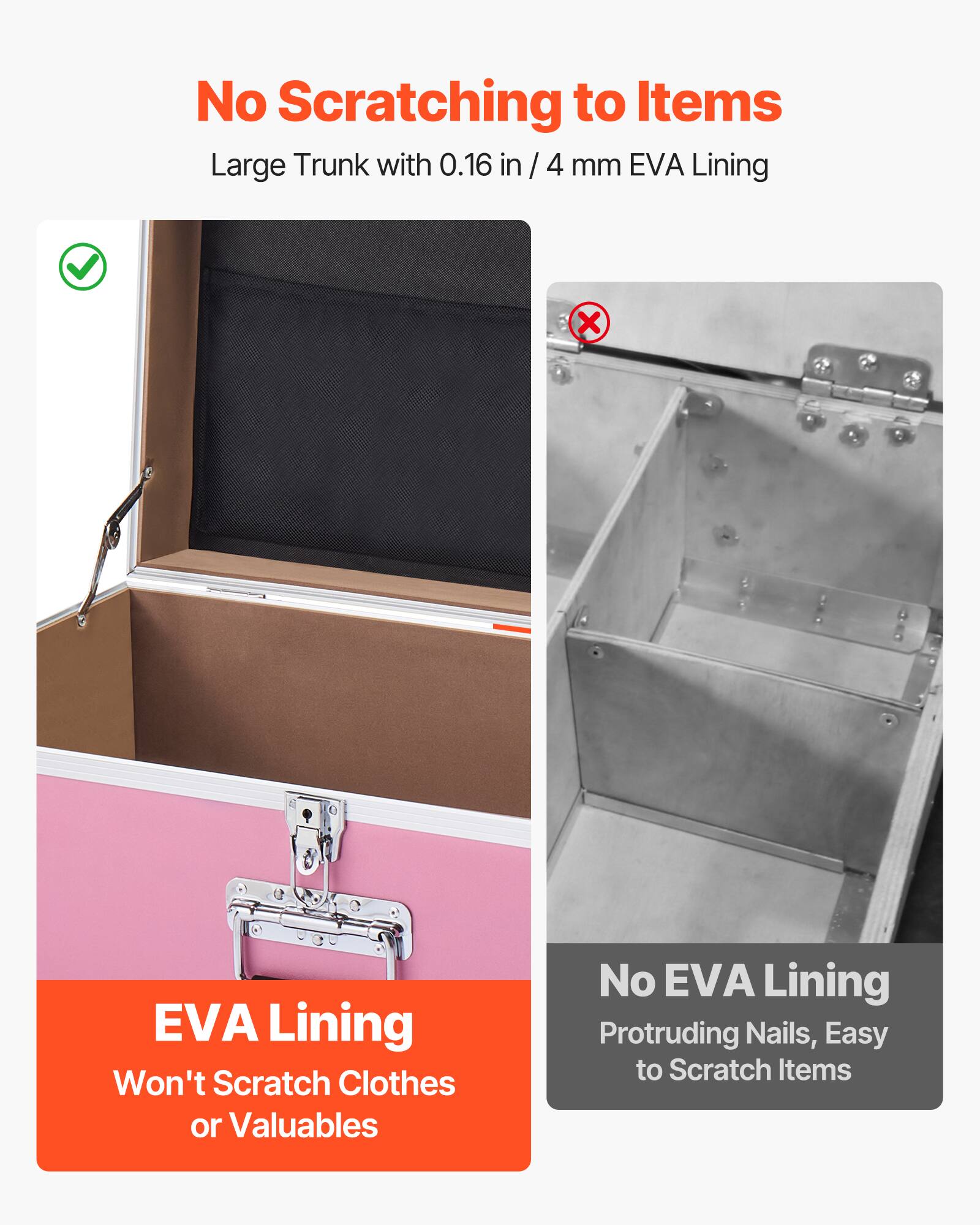 No Scratching to Items  
Large Trunk with 0.16 in / 4 mm EVA Lining  

EVA Lining  
Won't Scratch Clothes or Valuables  

No EVA Lining  
Protruding Nails, Easy to Scratch Items