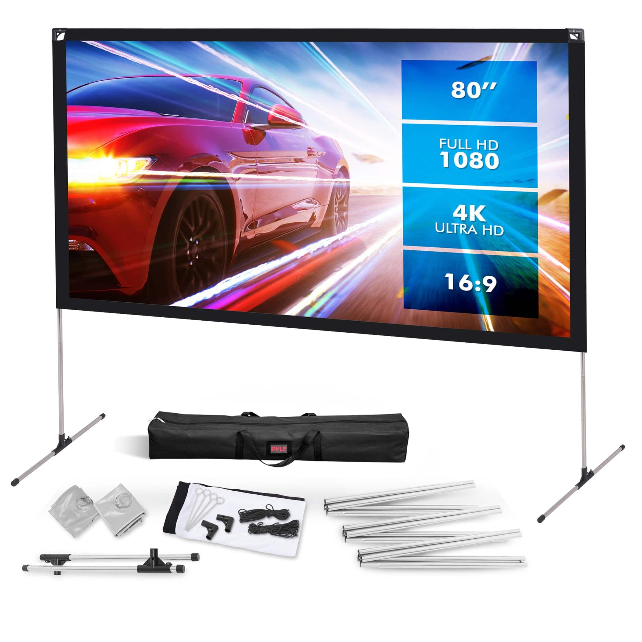 Pyle - Projector Screen with Stand – 80" 16:9 HD 4K, Portable, Freestanding for Home Theater, Indoor/Outdoor Use - Standard