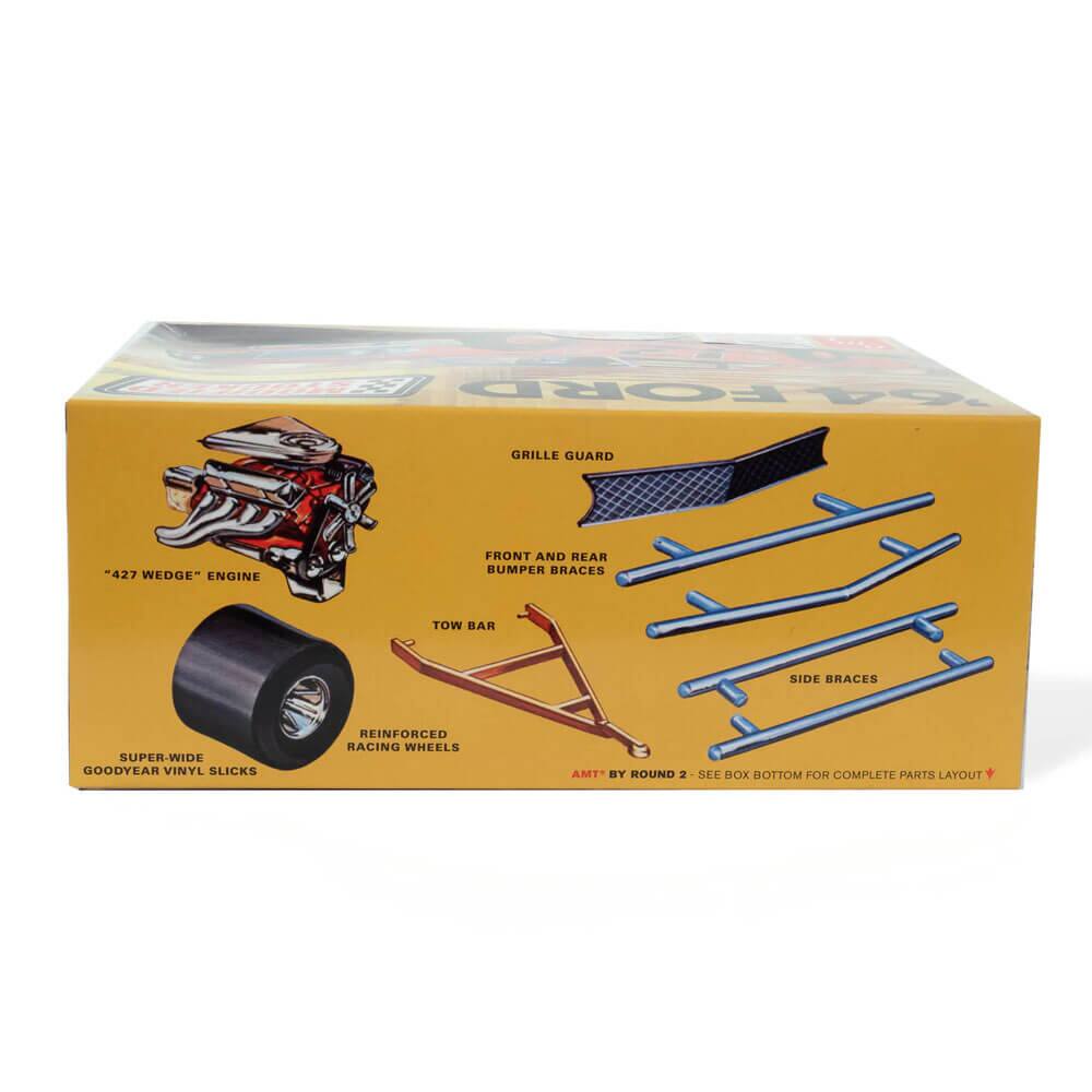 Cr FORD 64 GRILLE GUARD  
"427 WEDGE" ENGINE  
FRONT AND REAR BUMPER BRACES  
TOW BAR  
SIDE BRACES  
SUPER-WIDE GOODYEAR VINYL SLICKS  
REINFORCED RACING WHEELS  
AMT* BY ROUND 2  
SEE BOX BOTTOM FOR COMPLETE PARTS LAYOUT