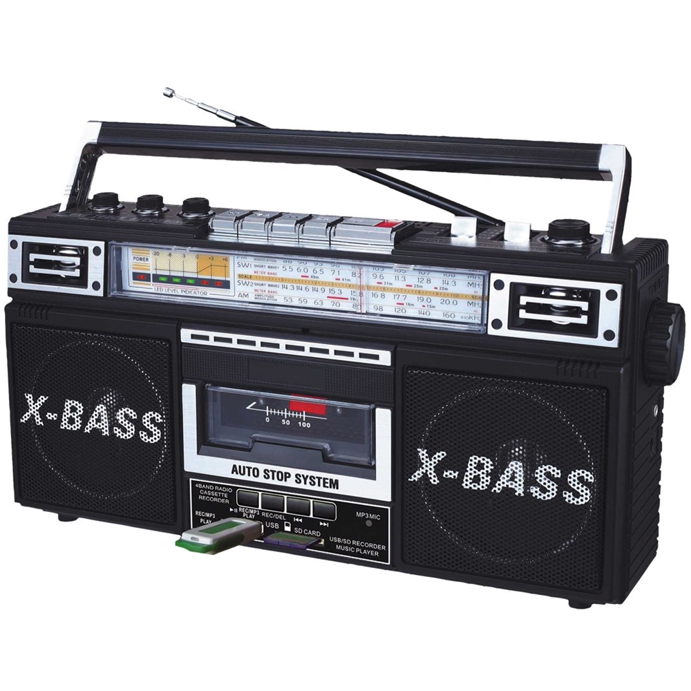 The old cassette player boombox headphone jack plugs into a