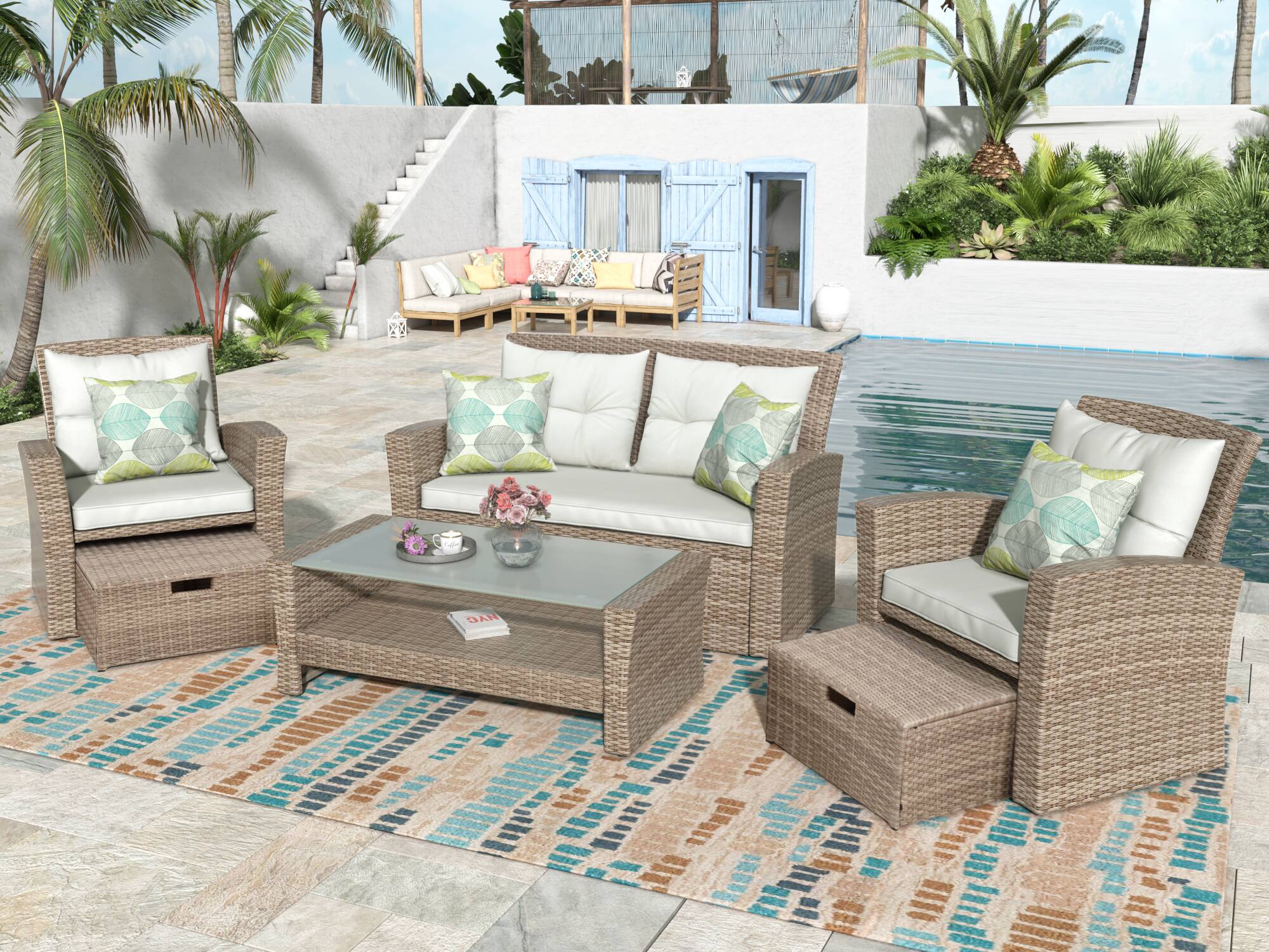 Left. Siljoy - U-style 4-Piece Patio Set, All Weather Wicker Sofa with Ottoman & Cushions - Beige.
