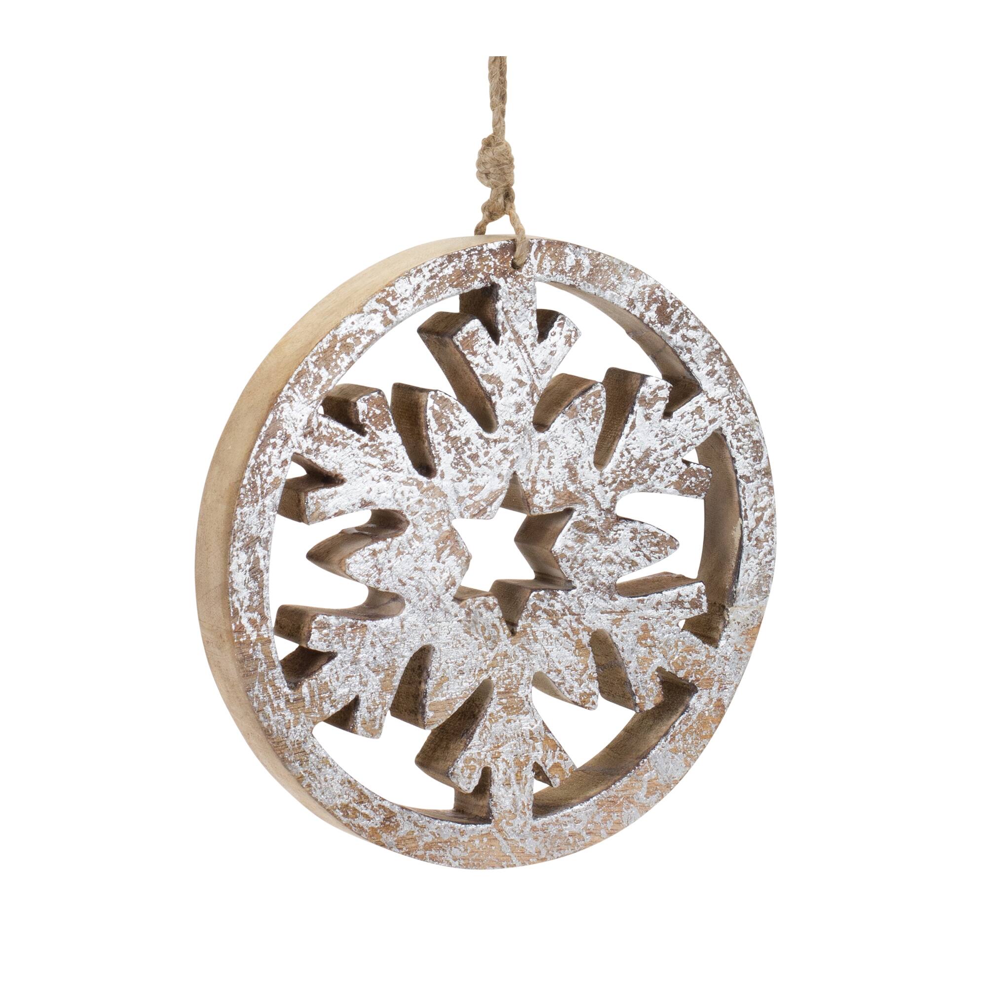 Left. BreeBe - Wood Cut Out Snowflake Ornament (Set of 12) - Brown.