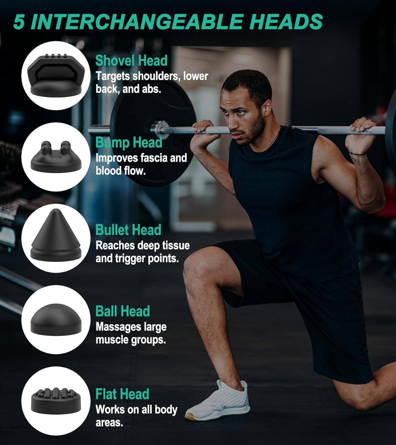 5 INTERCHANGEABLE HEADS

- Shovel Head
  Targets shoulders, lower back, and abs.

- Bump Head
  Improves fascia and blood flow.

- Bullet Head
  Reaches deep tissue and trigger points.

- Ball Head
  Massages large muscle groups.

- Flat Head
  Works on all body areas.
