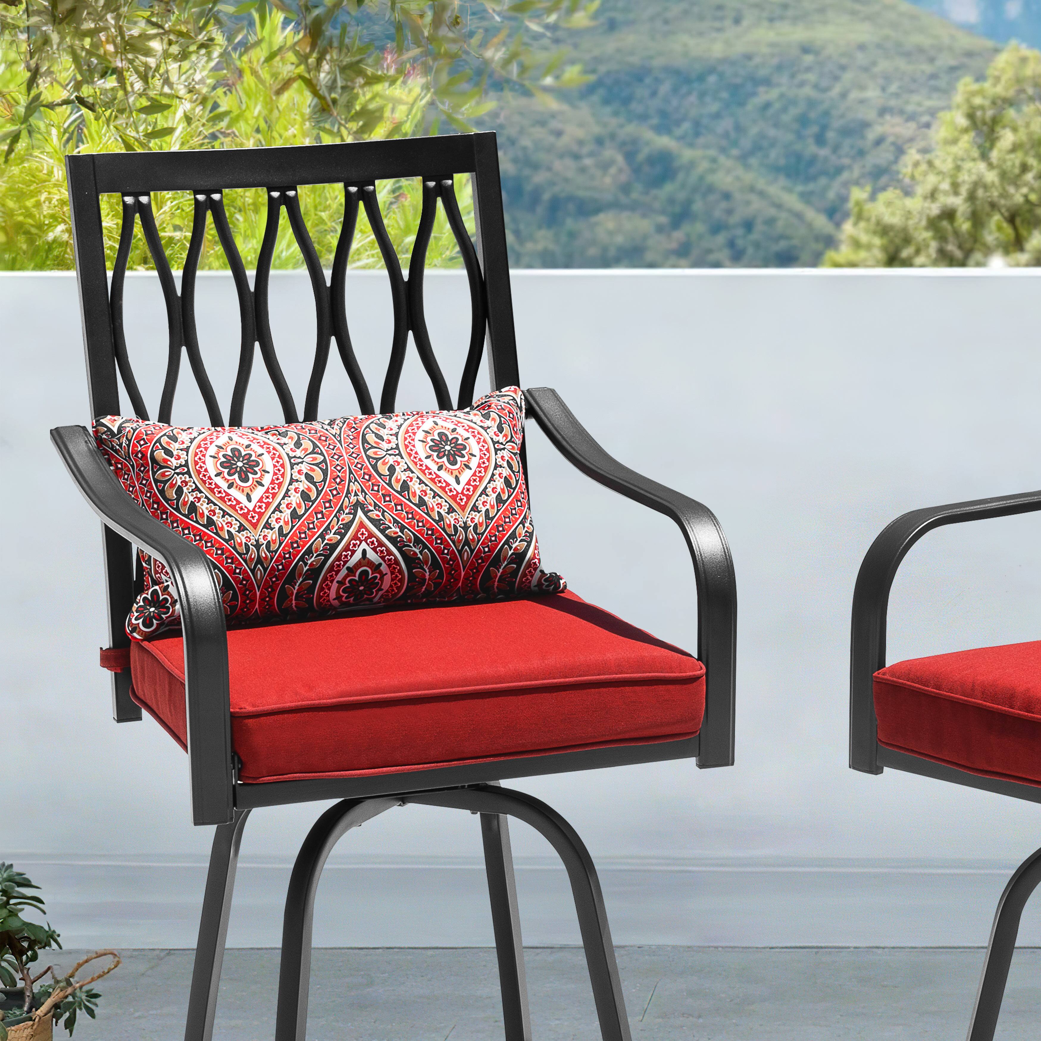 Alt View 9. Nuu Garden - 2-Piece Outdoor Patio Metal Swivel Bar Stools with Padded Cushions and Extra Pillows, Square-to-Round Footrest - Black and Red.