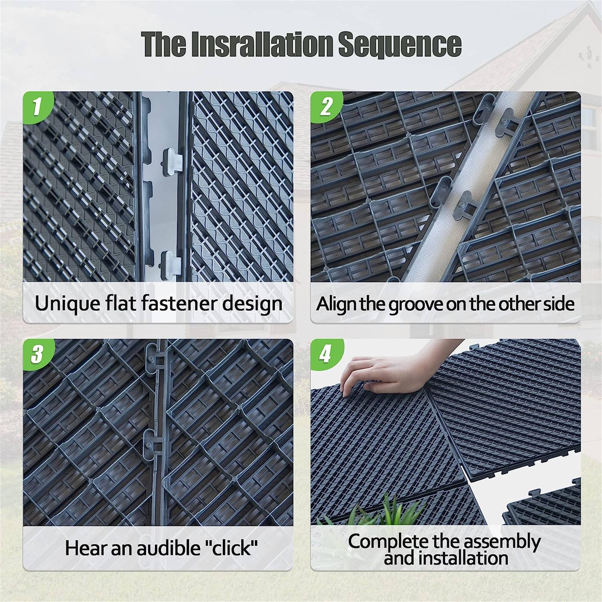 The Installation Sequence

1. Unique flat fastener design
2. Align the groove on the other side
3. Hear an audible "click"
4. Complete the assembly and installation