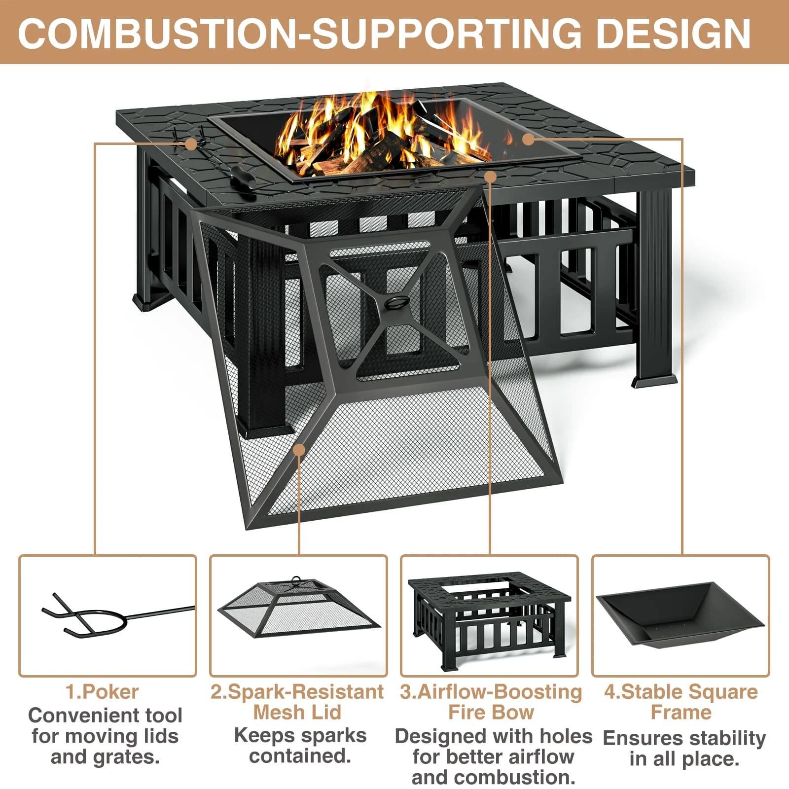 COMBUSTION-SUPPORTING DESIGN
1.Poker
2.Spark-Resistant
3.Airflow-Boosting
4.Stable Square
Convenient tool
Mesh Lid
Fire Bow
Frame
for moving lids
Keeps sparks
Designed with holes
Ensures stability
and grates.
contained.
for better airflow
in all place.
and combustion.