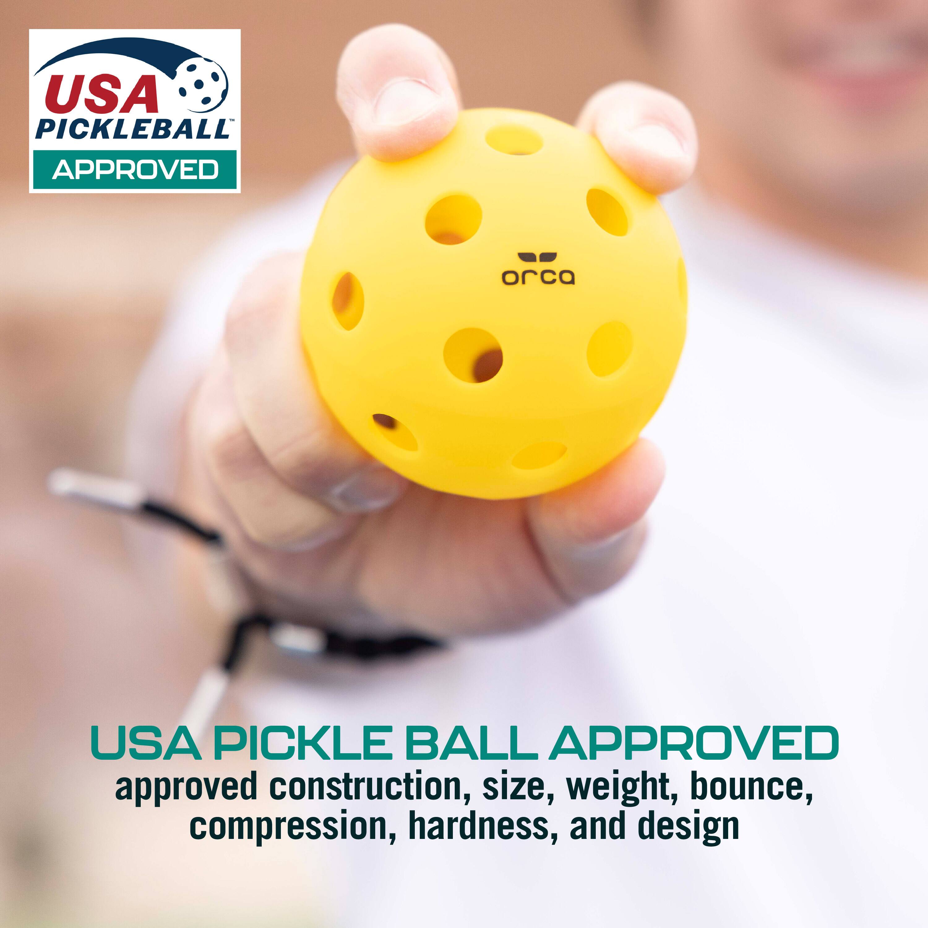 "USA Pickleball Approved" is the text on the image, which refers to the Orca Pickleball being approved by the USA Pickleball organization. This approval indicates that the ball meets the required standards for construction, size, weight, bounce, compression, hardness, and design, ensuring a consistent and enjoyable playing experience for pickleball players.