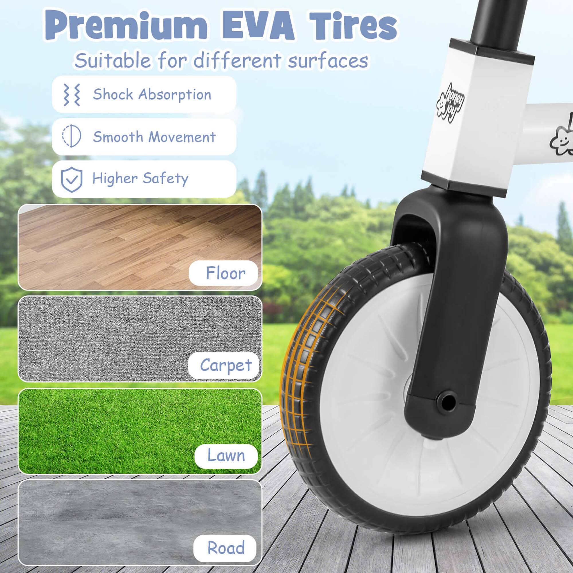 Premium EVA Tires  
Suitable for different surfaces  

- Shock Absorption  
- Smooth Movement  
- Higher Safety  

Floor  
Carpet  
Lawn  
Road