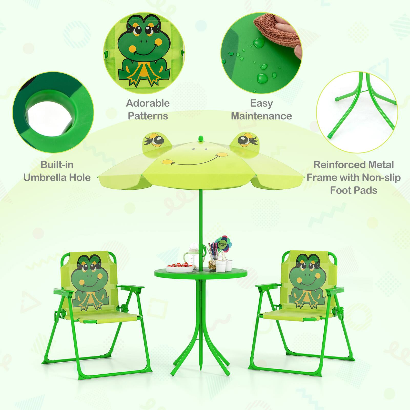 - Adorable Patterns
- Built-in Umbrella Hole
- Easy Maintenance
- Reinforced Metal Frame with Non-slip Foot Pads