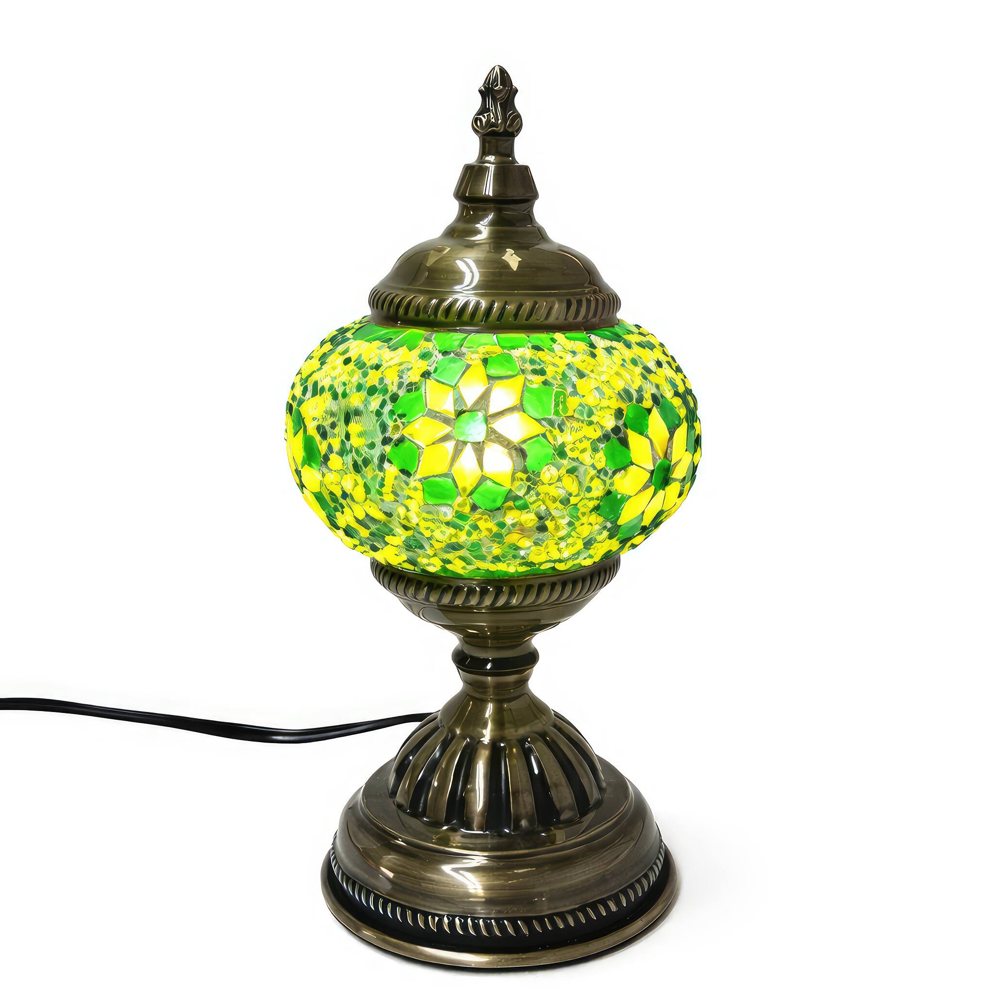 Angle. FC Design - 11"H Bronze Base Elegant Globe Yellow–Green Flowery Mosaic Turkish Lamp.