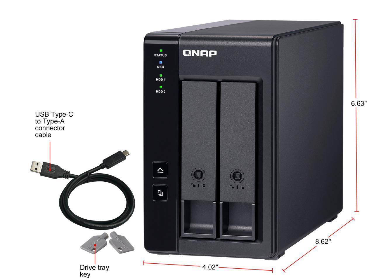 STATUS  
USB  
HDD 1  
HDD 2  

USB Type-C to Type-A connector cable  
6.63"  
8.62"  
Drive tray key  
4.02"