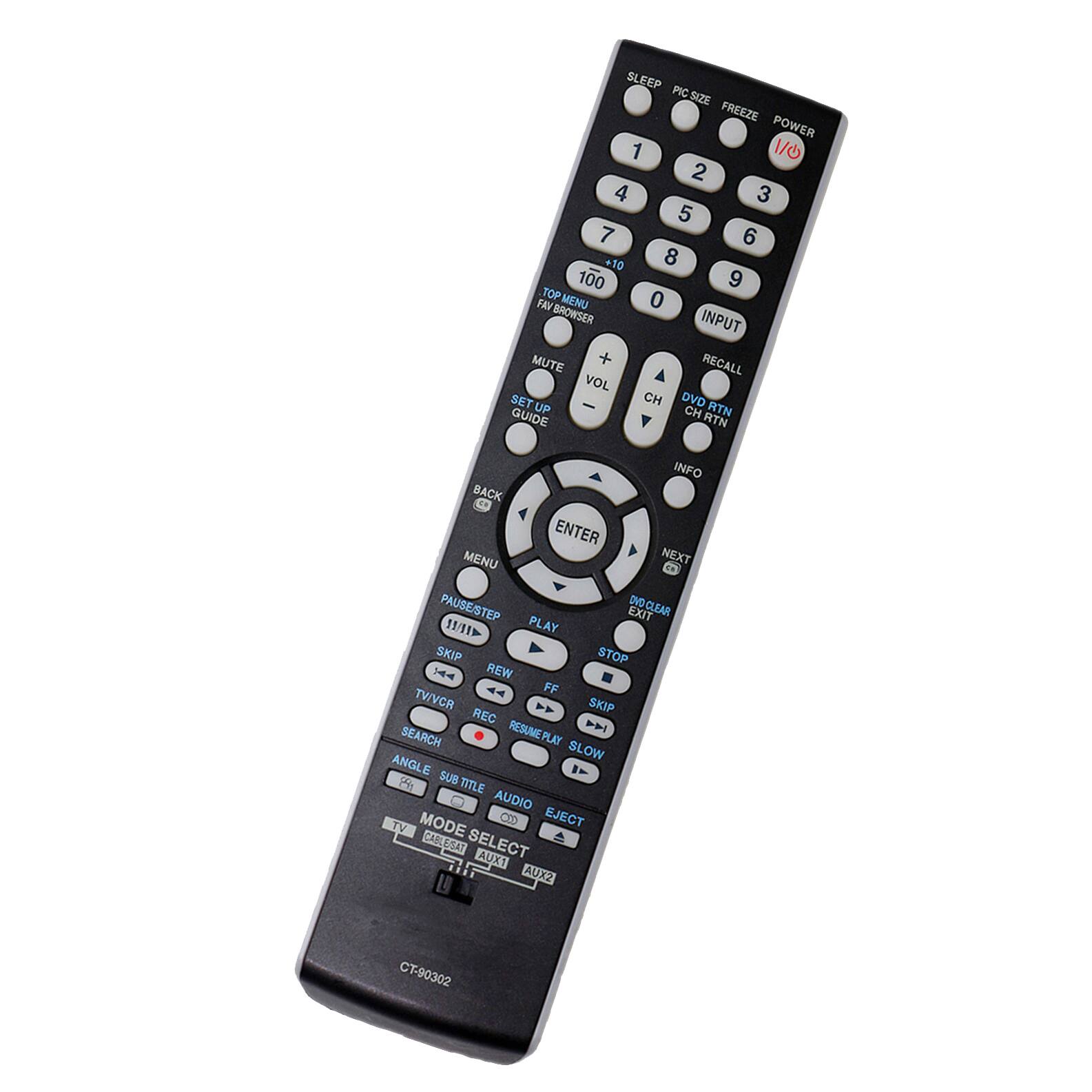SLEEP PIC SIZE FREEZE POWER 1 1/0 2 4 3 5 7 6 +10 8 100 9 TOP MENU 0 FAV BROWSER INPUT MUTE + REGALL VOL SET - CH DVD UP CH RTN GUIDE RTN INFO BACK ENTER MENU NEXT PAUSE/STEP EXIT DVO-CLEAR 11/11 PLAY SKIP STOP 14 REW FF TWVCR H SKIP REC RESUME PLAY SEARCH SLOW ANGLE E I F SUB TITLE AUDIO TV MODE CtD EJECT CARLERAT SELECT AUXI AUX2 U CT-90302
