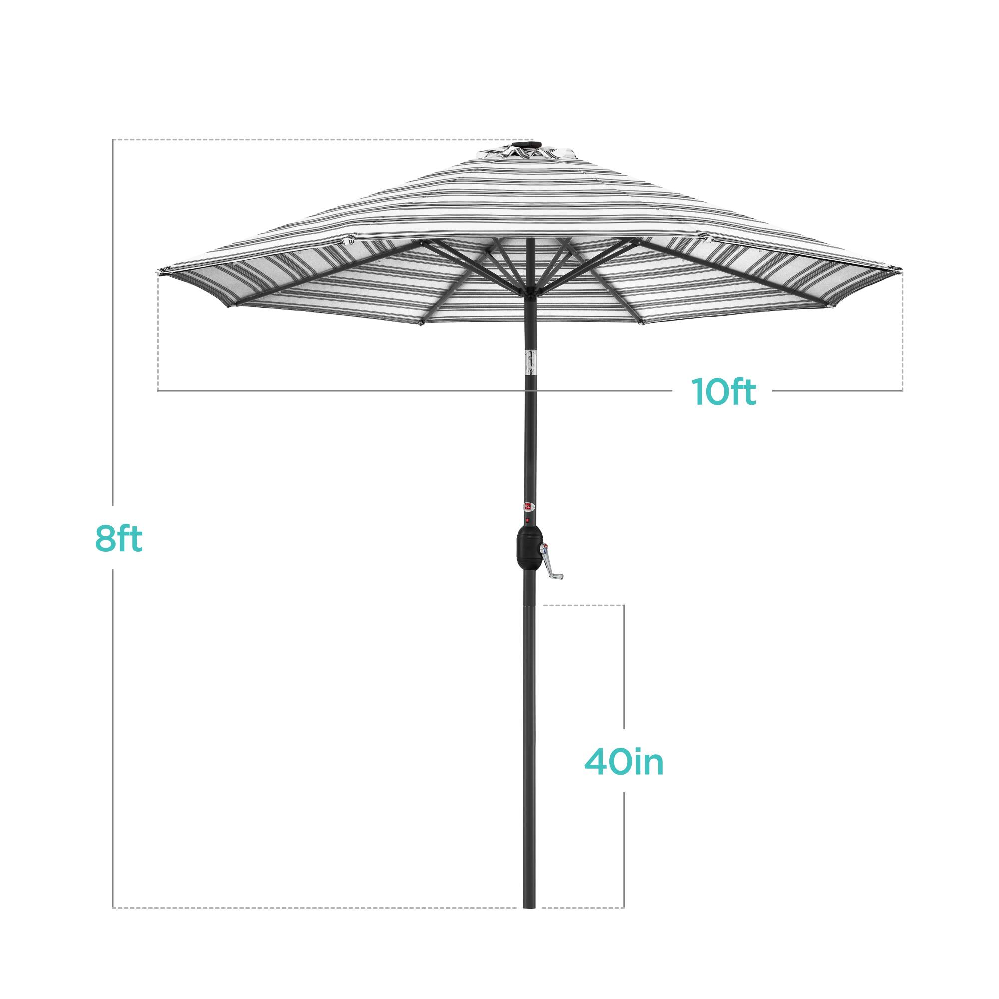The dimensions of the umbrella are as follows:

- Diameter: 10 feet
- Height: 8 feet
- Shaft Diameter: 40 inches