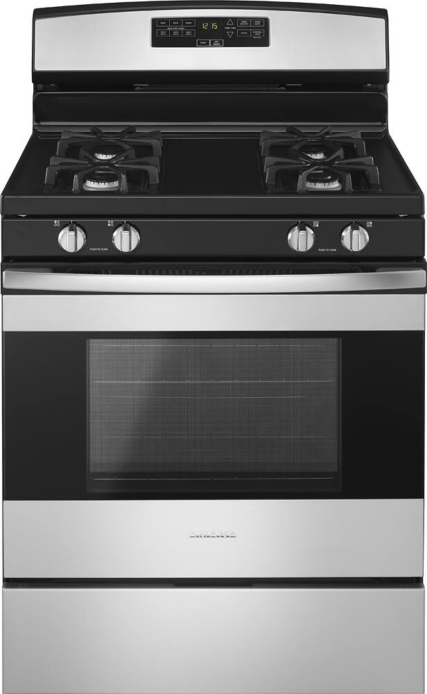 Front. Amana - 5.0 Cu. Ft. Freestanding Gas Range - Black on stainless steel.