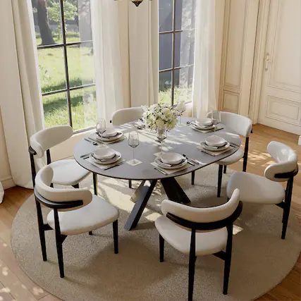 Front. POVISON - 47"-63" Round Extendable Dining Table for 4-6 People, Gray Sintered Stone Top with Black Steel Legs - Dark Gray.